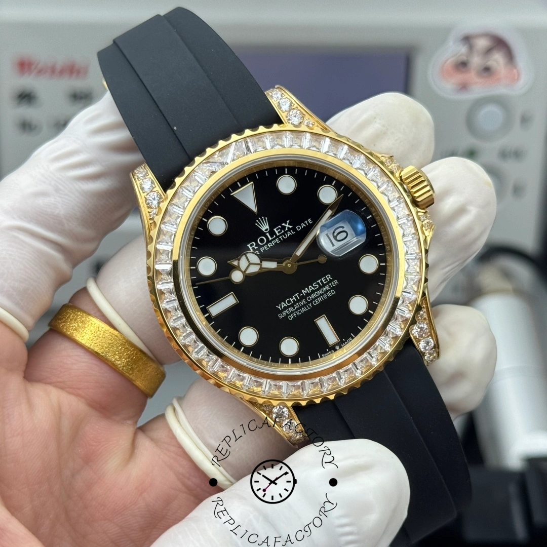 Angled front view of the Rolex Yacht-Master 42 226668TBR-0002 showing the diamond bezel and 18K yellow gold case.