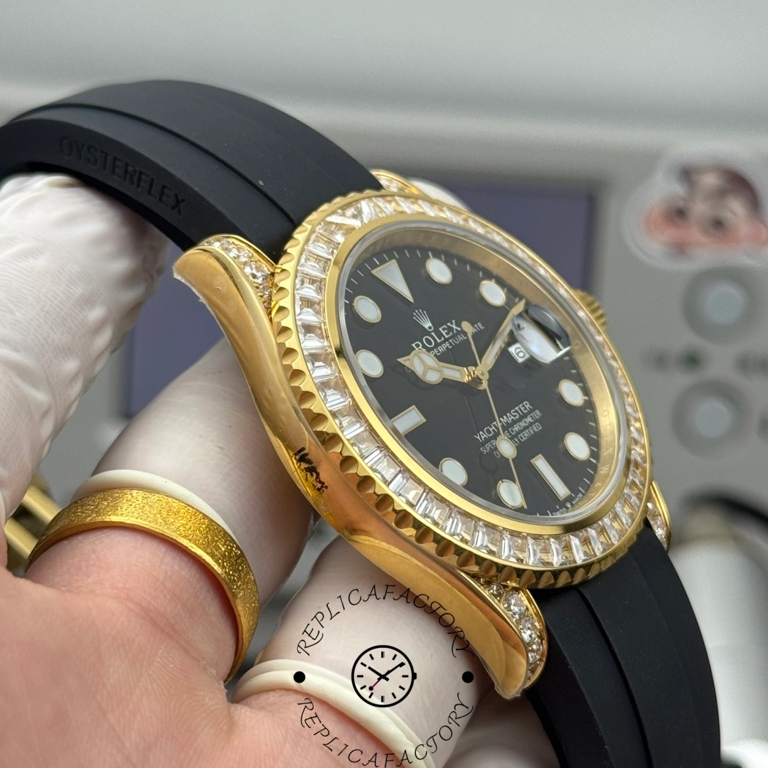 Side profile of the Rolex Yacht-Master 42 226668TBR-0002 showing the polished yellow gold case and diamond-set lugs.
