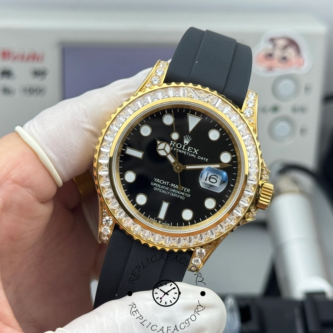 Straight-on front view of the Rolex Yacht-Master 42 226668TBR-0002 highlighting the black dial and luminous hour markers.