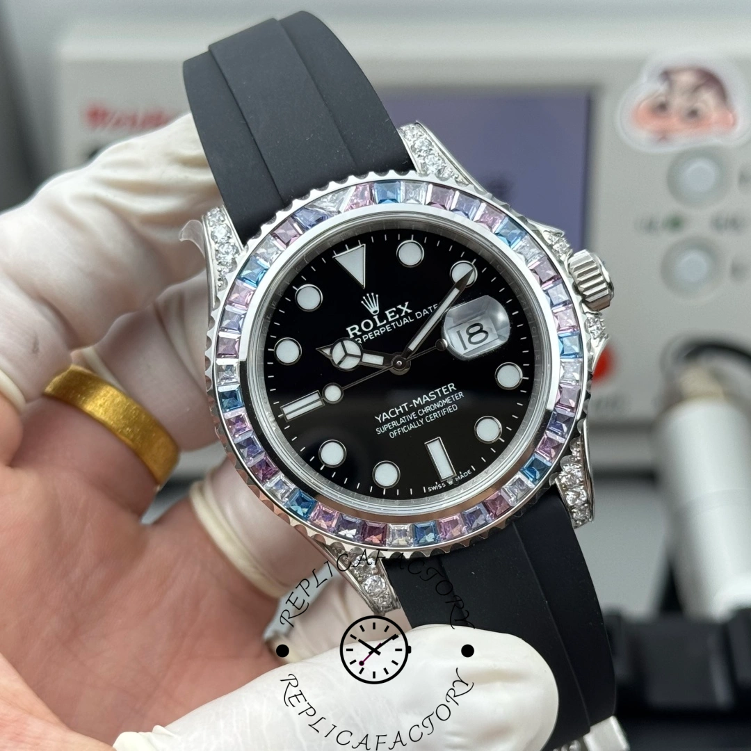 Angled front view of the Rolex Yacht-Master 126679SABR-0002 showing the multicolor sapphire bezel and polished case.