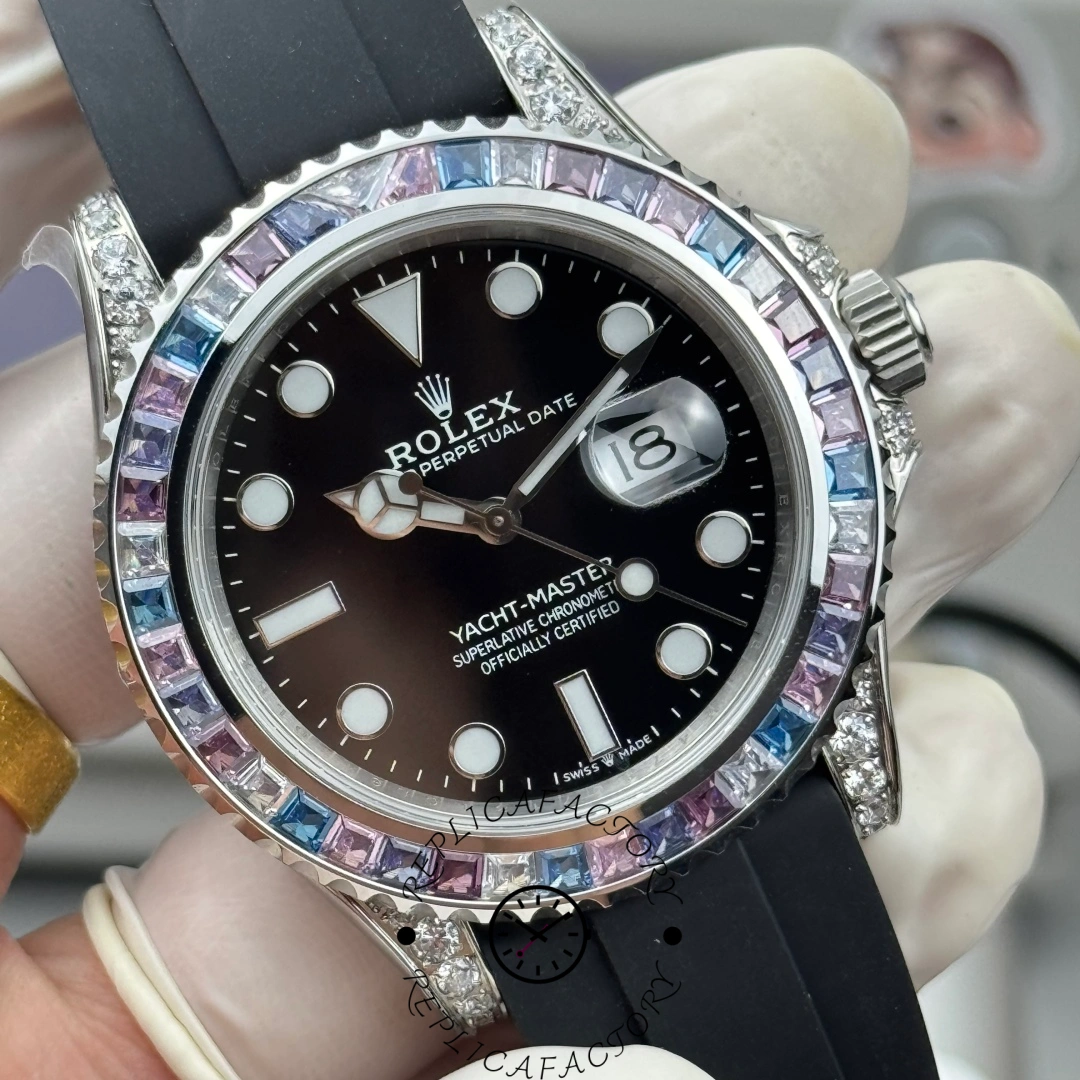 Macro view of the Rolex Yacht-Master 126679SABR-0002 showing bezel gemstones and diamond-set lugs.