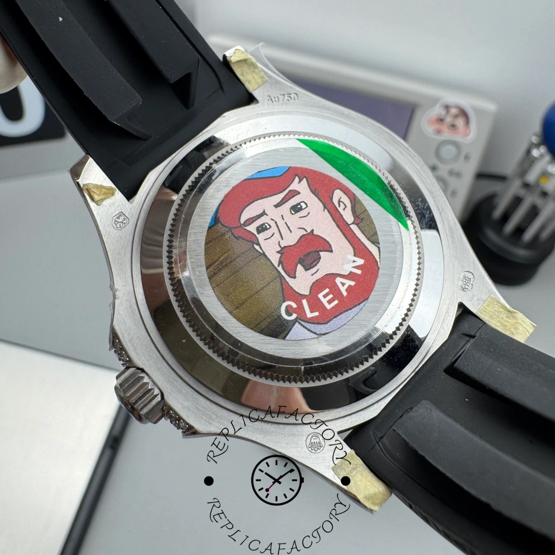 Back view of the Rolex Yacht-Master 126679SABR-0002 showing the caseback sticker with “CLEAN” logo.