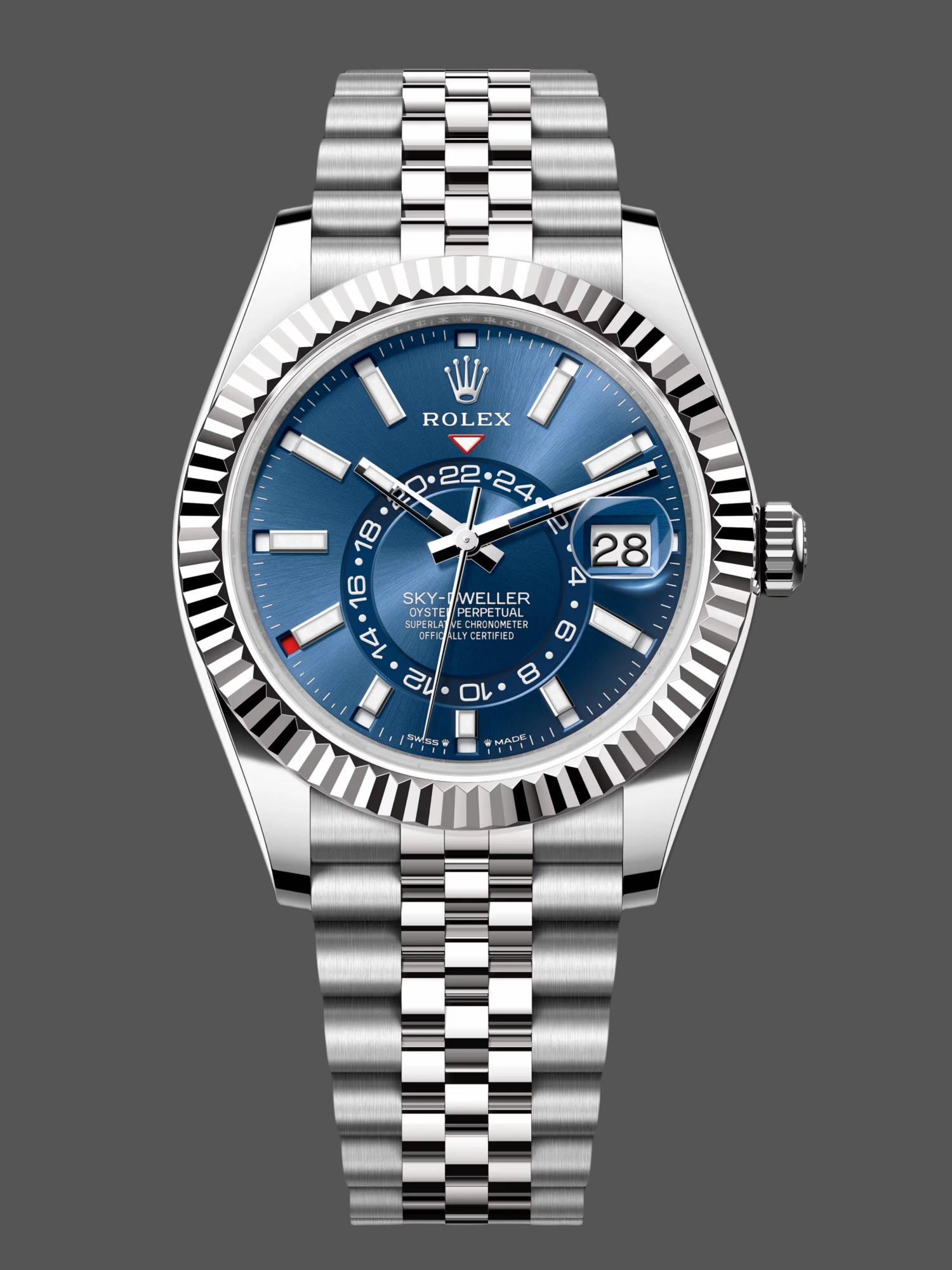 Front view of the Rolex Sky-Dweller 336934-0006 with blue dial and Jubilee bracelet, featuring the white gold fluted bezel.