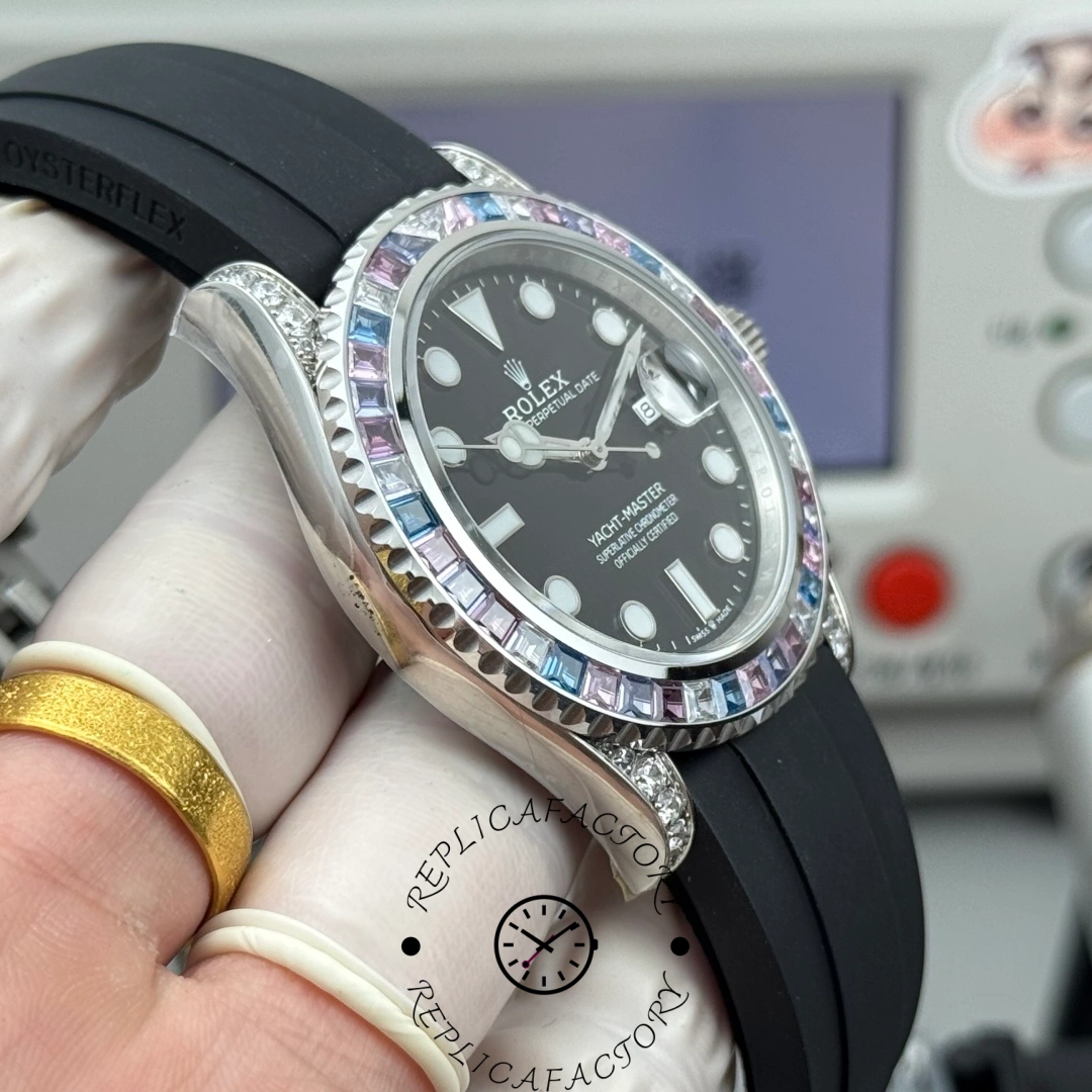 Side view of the Rolex Yacht-Master 126679SABR-0002 showing the curved case and gemstone bezel shine.