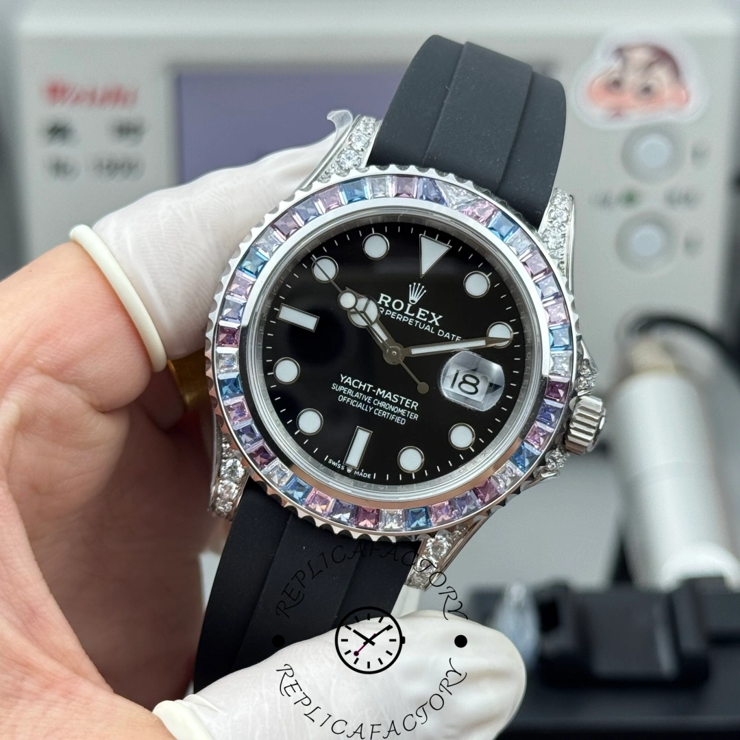Close-up of the Rolex Yacht-Master 126679SABR-0002 highlighting the sapphire-set bezel and luminous hour markers.