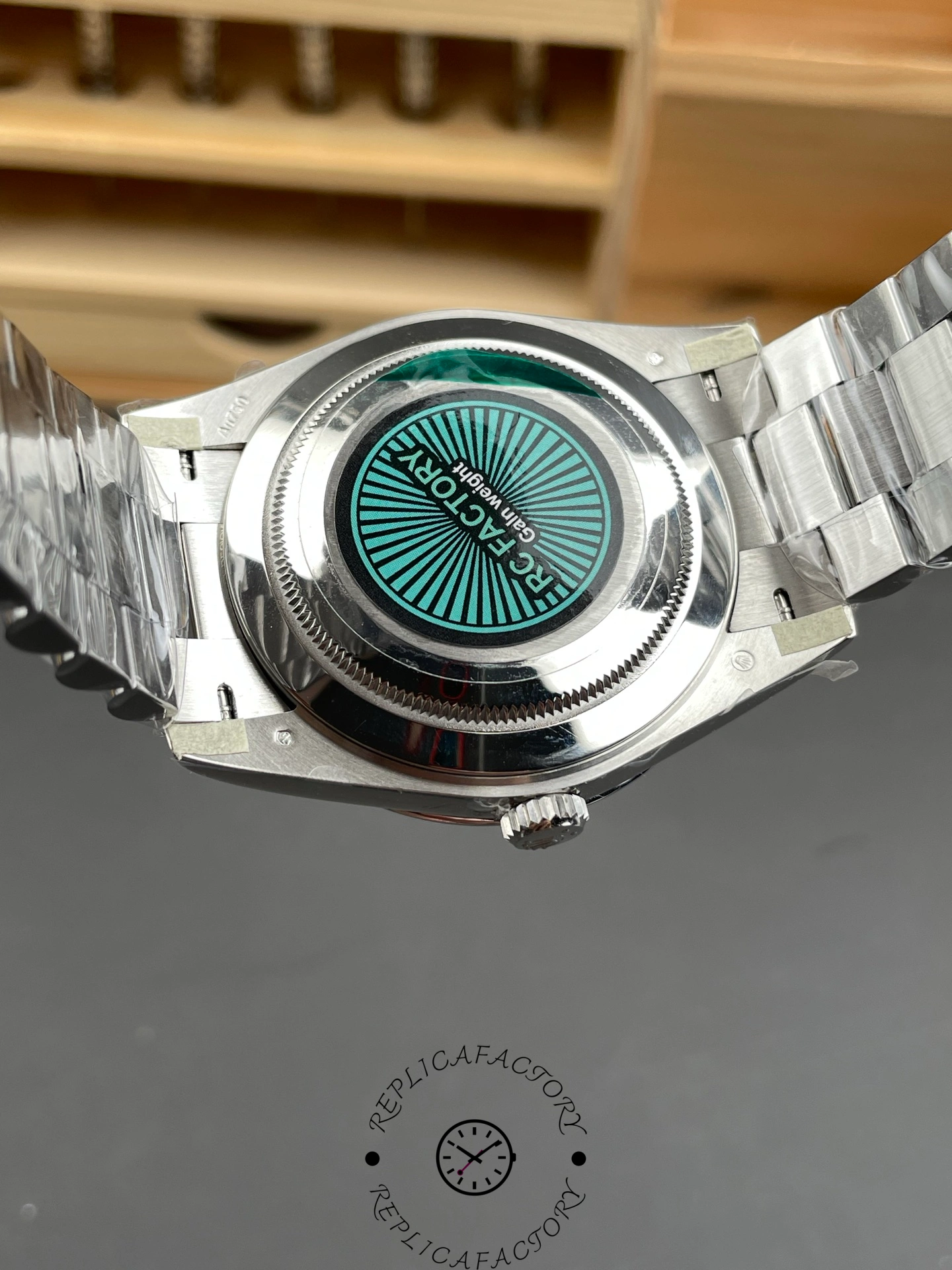 Rolex Day-Date 228236 case back with green RC Factory sticker