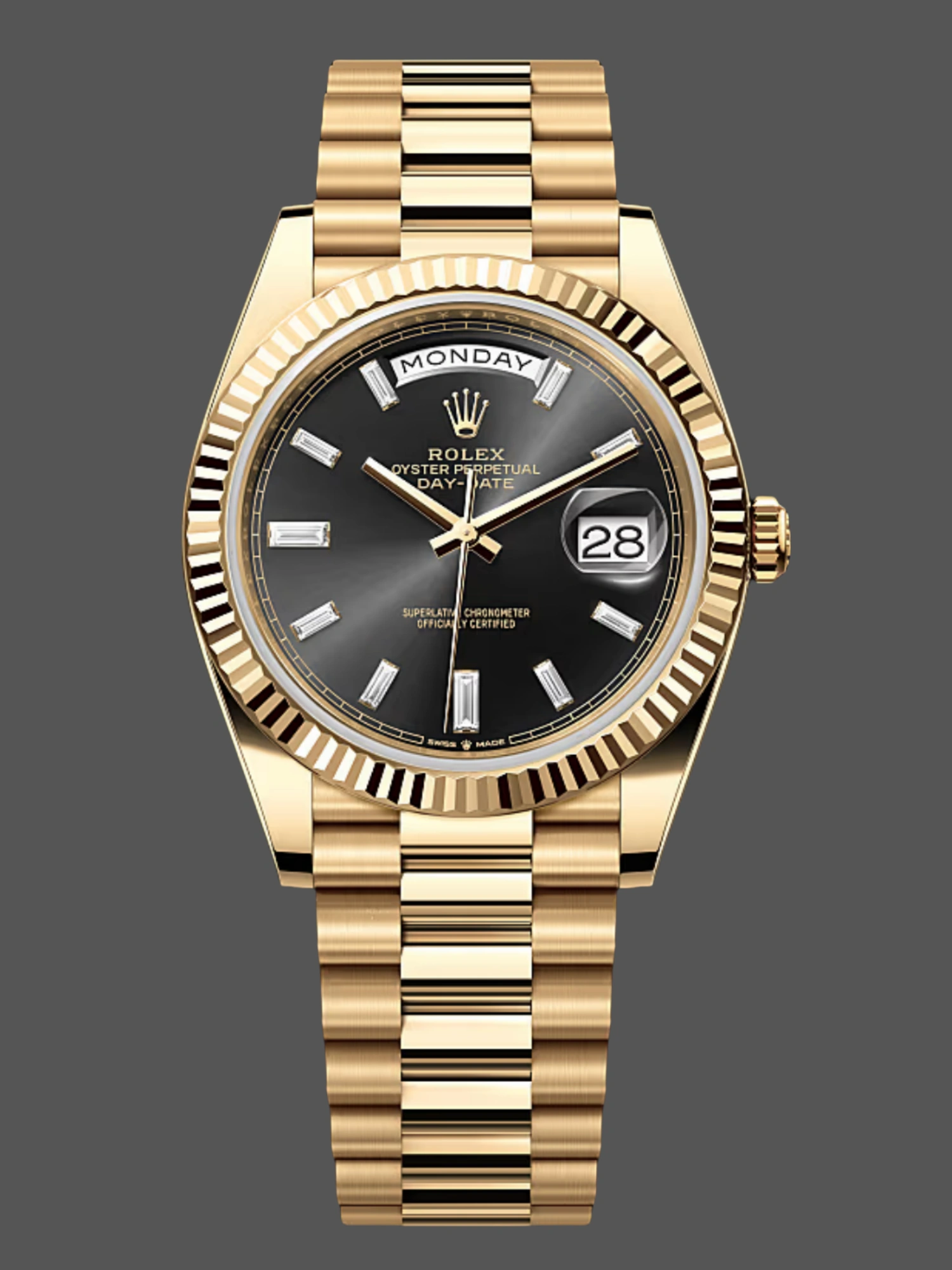 Front product image of the Rolex Day-Date 228238 in yellow gold with black diamond-set dial and fluted bezel.