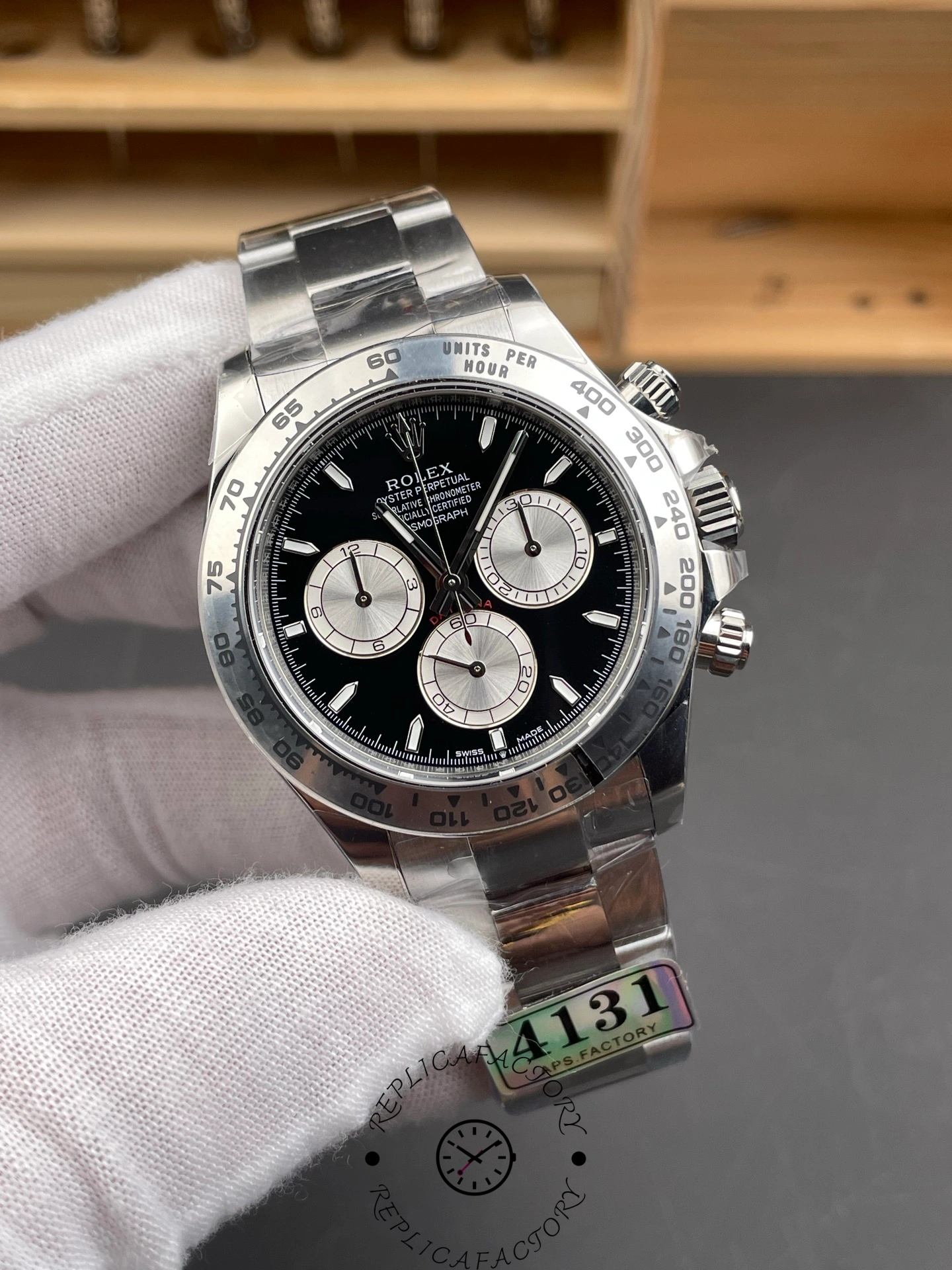 Angled front shot of the Rolex Cosmograph Daytona 126509-0001 showing the tachymeter bezel and chronograph layout.