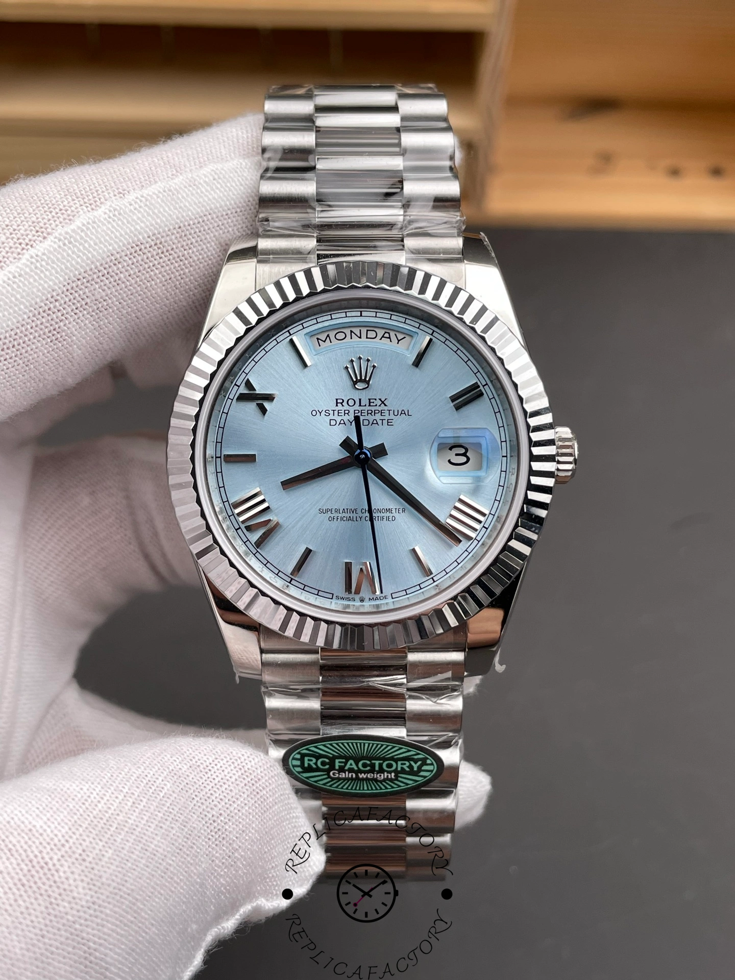 Rolex Day-Date 228236 Ice Blue Dial 40mm Men’s Watch front view