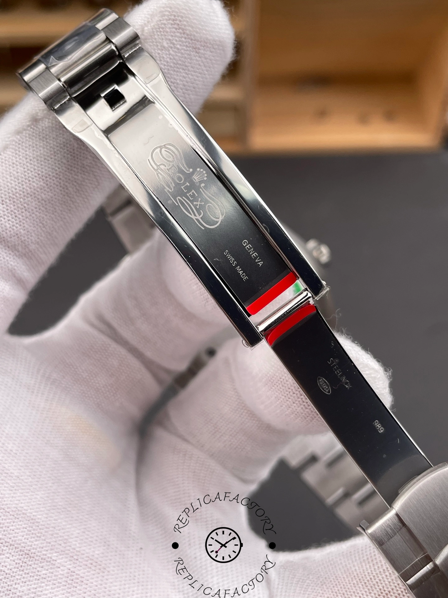 Inside view of the Rolex Oyster Perpetual 41 clasp engraved with Rolex Geneva Swiss Made markings.