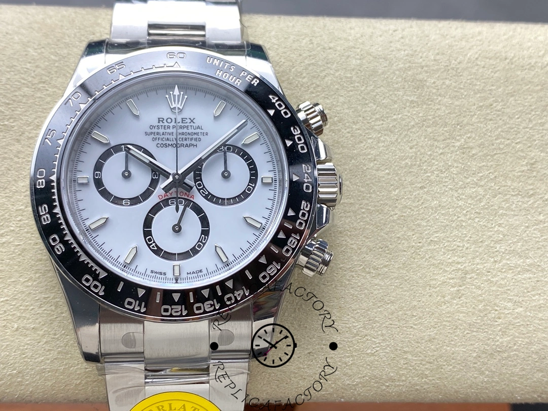 Front view of Rolex Cosmograph Daytona 116500LN showing the white dial, black ceramic bezel, and chronograph subdials.