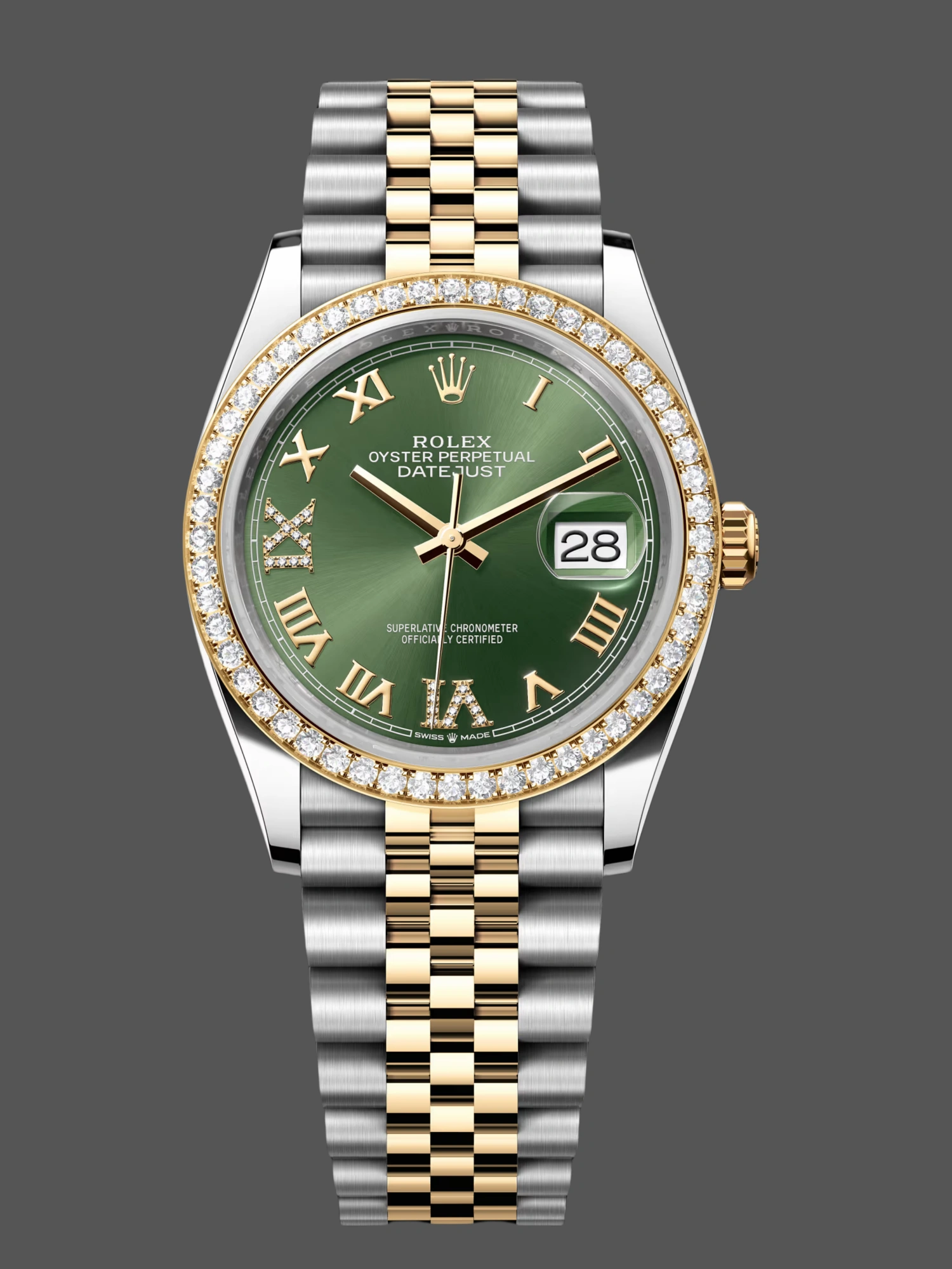 Rolex Datejust 36 Yellow Gold & Diamonds Olive Green Diamond Pave Roman Dial m126283rbr 0011
