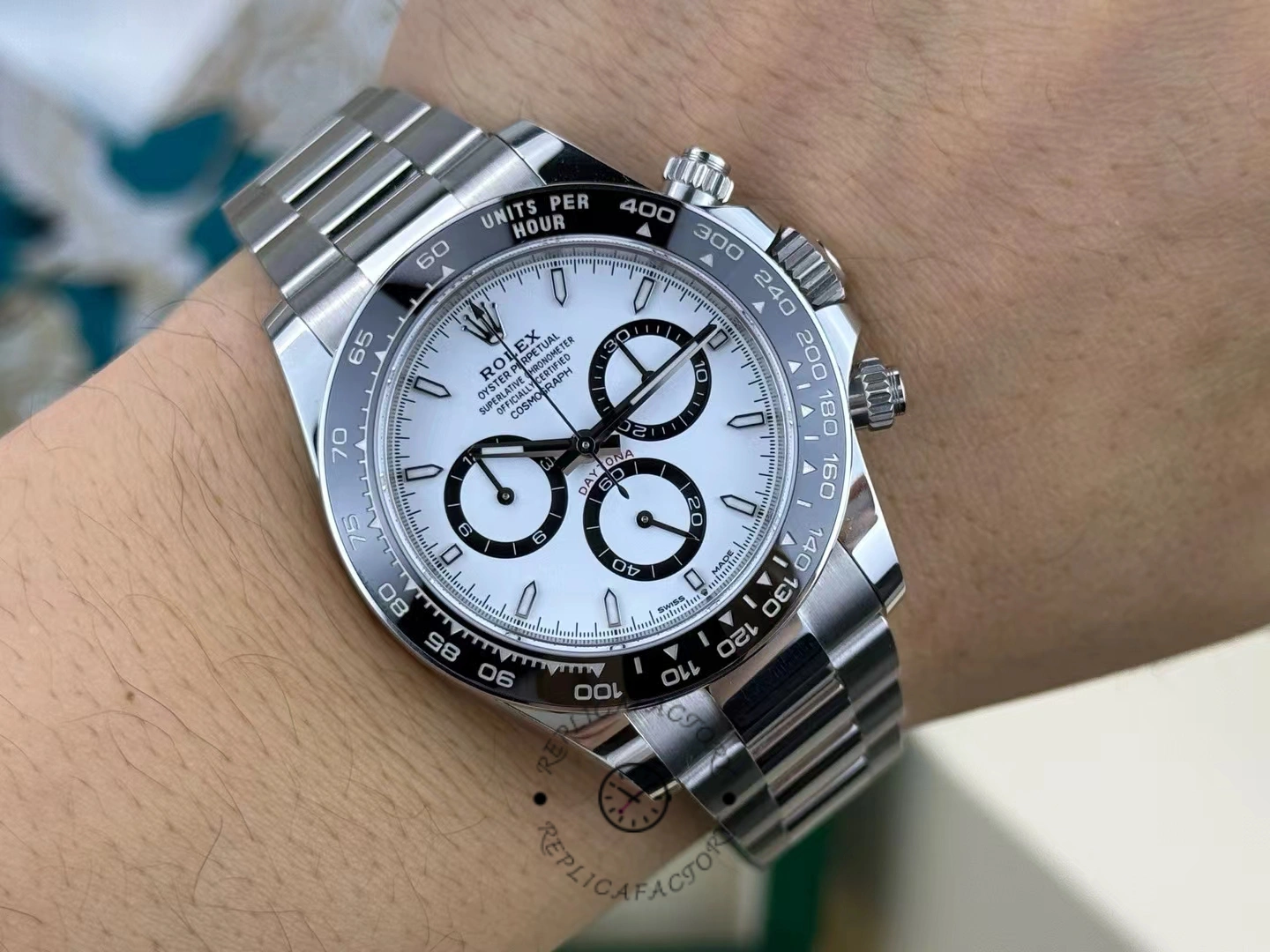 Wrist shot of the Rolex Cosmograph Daytona 116500LN after one year of wear, displaying the watch on the wrist with polished lugs