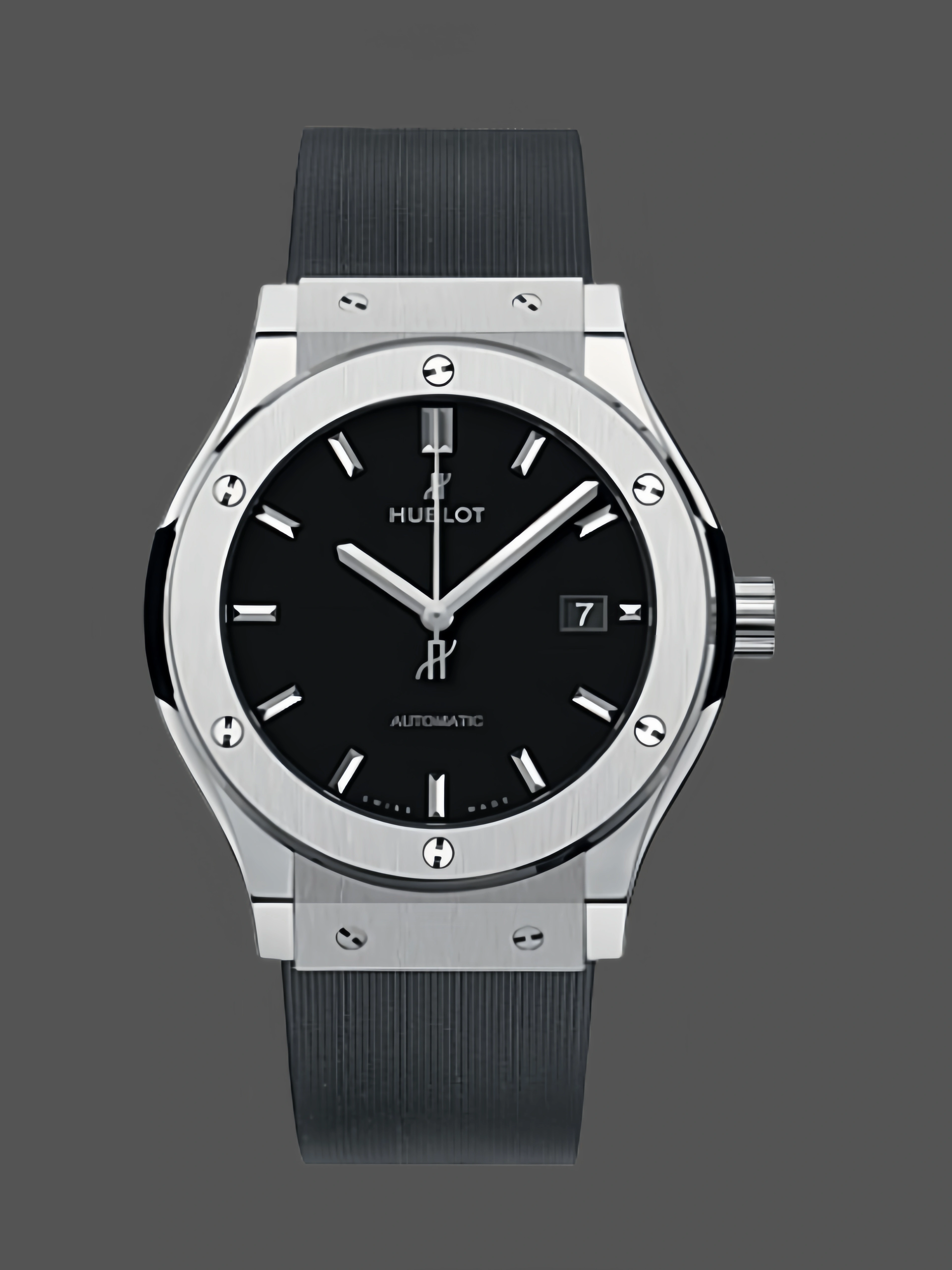 Front view of Hublot Classic Fusion 542.NX.1171.RX replica watch with black dial and titanium case.