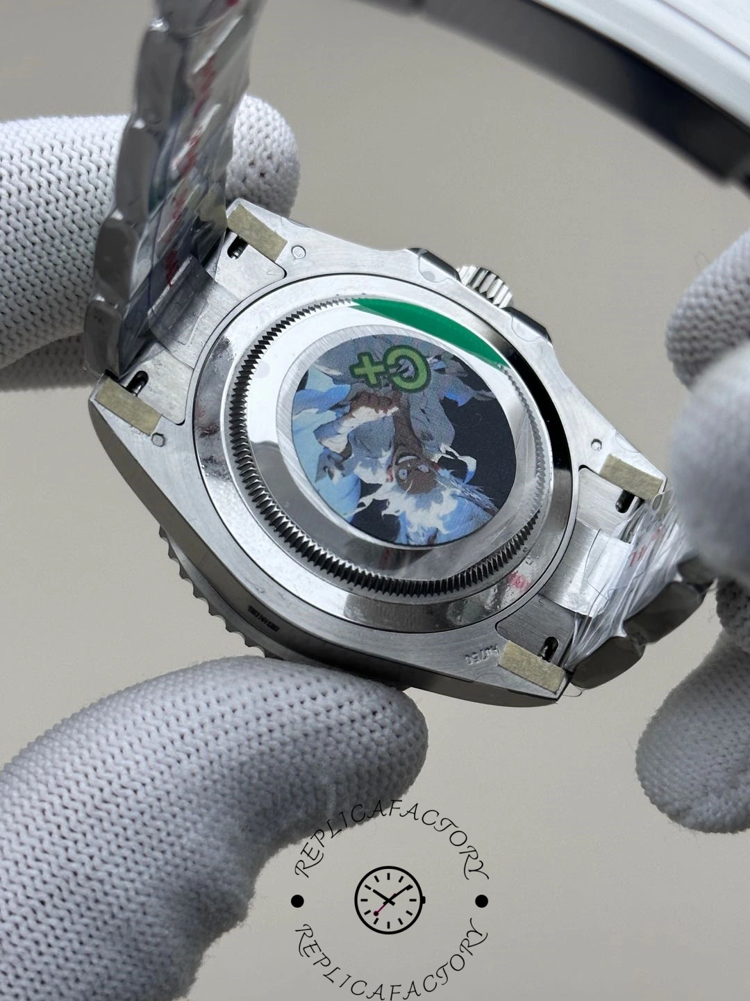 Caseback image of the Rolex GMT-Master II 126719BLRO-0002 showing C+ Factory protective sticker.