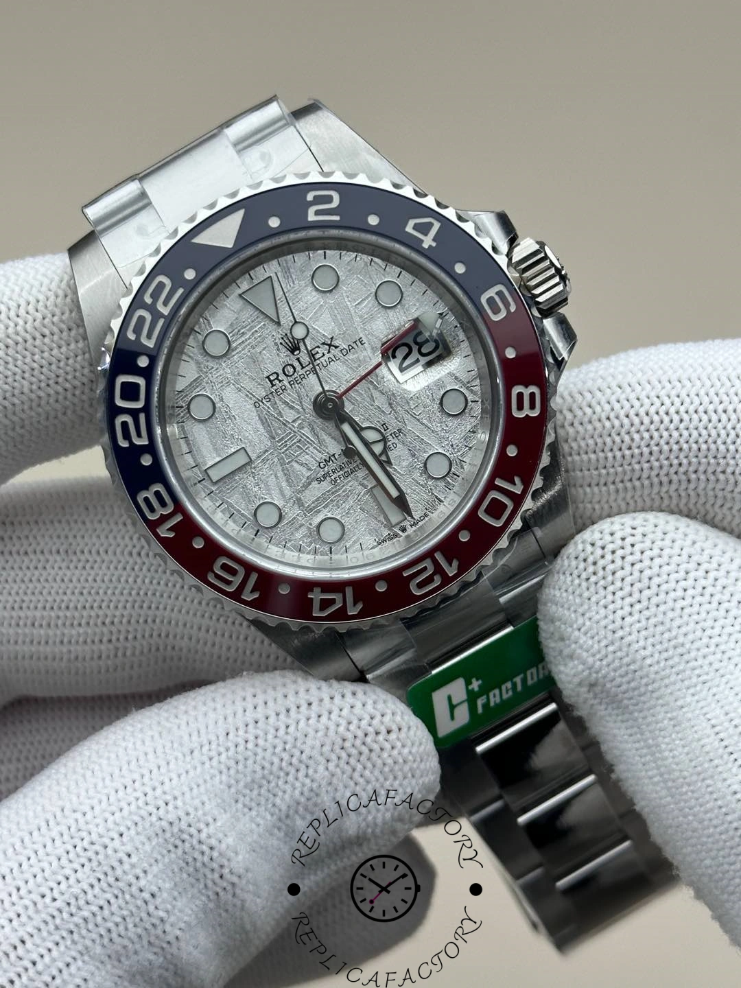 Angled front view showing the Rolex GMT-Master II 126719BLRO-0002 meteorite texture and bold 24-hour bezel numerals.