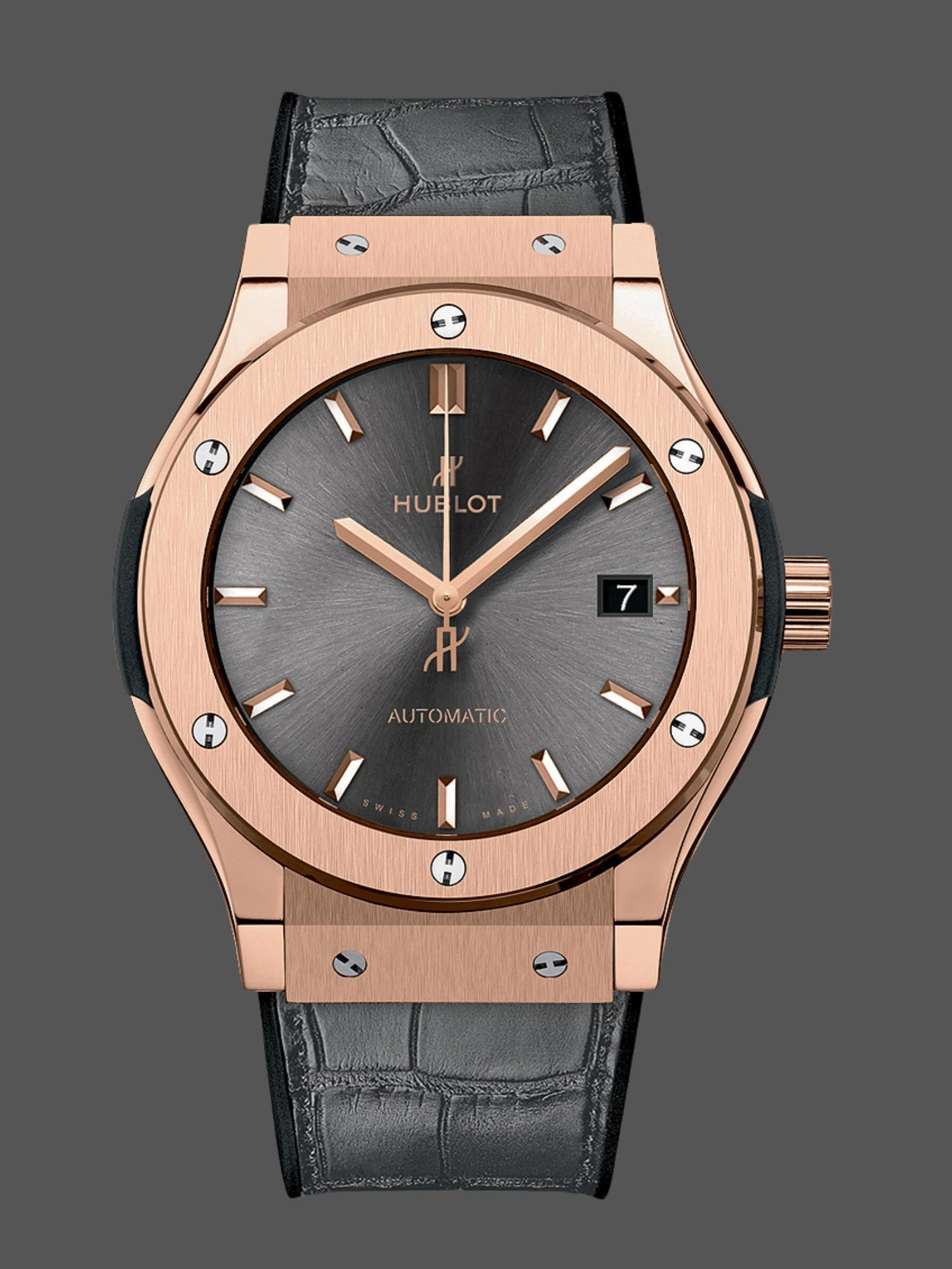 Front view of Hublot Classic Fusion 511.OX.7081.LR replica in King Gold with grey sunburst dial and leather strap.