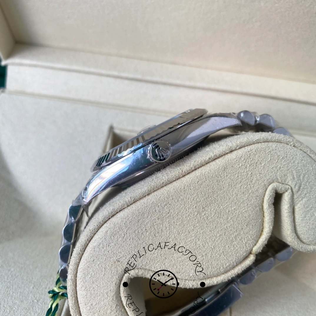 Side profile view showing the Rolex crown-engraved winding crown on Datejust 126334-0014.