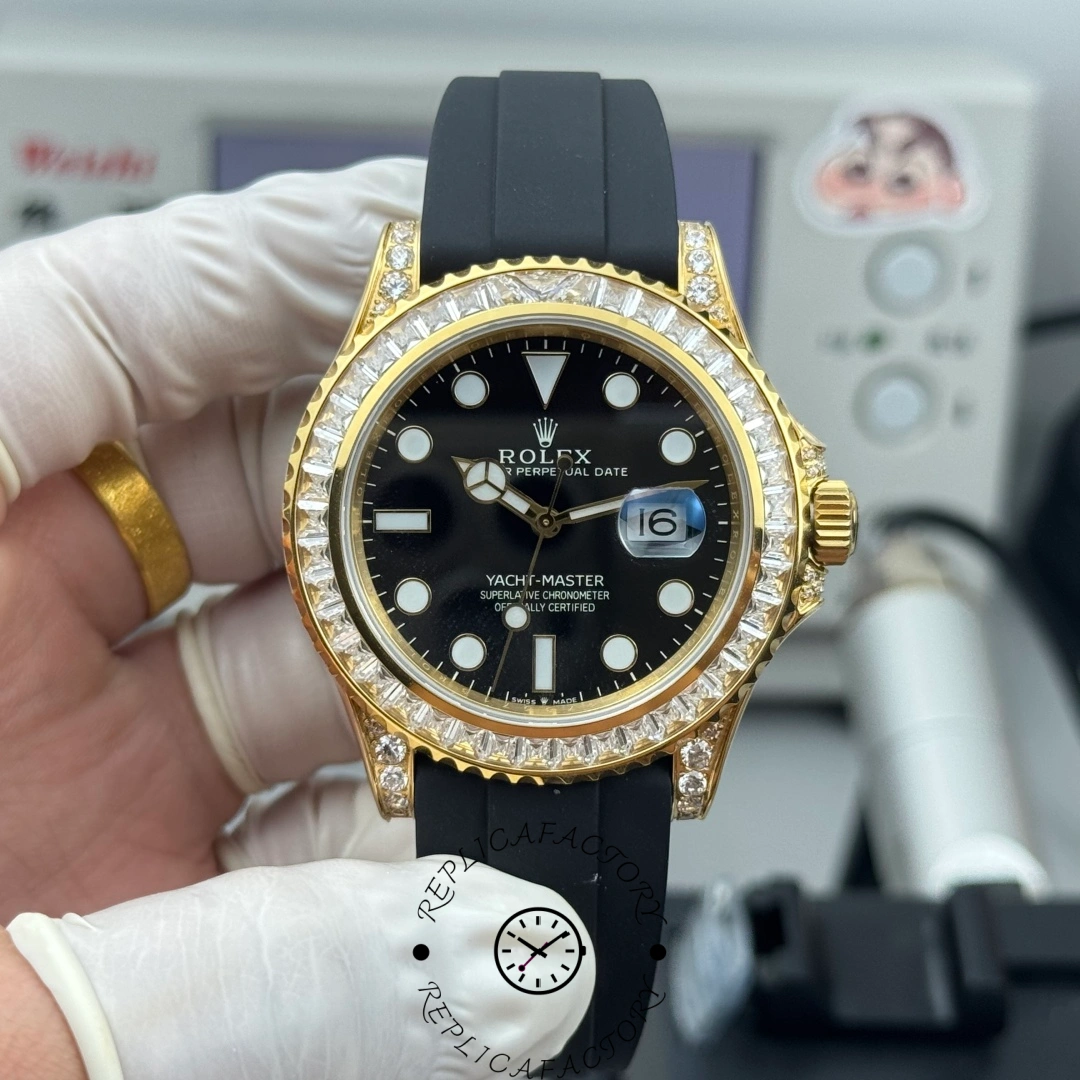 Front view of the Rolex Yacht-Master 42 226668TBR-0002 with black dial, baguette-cut diamond bezel, and Oysterflex strap.