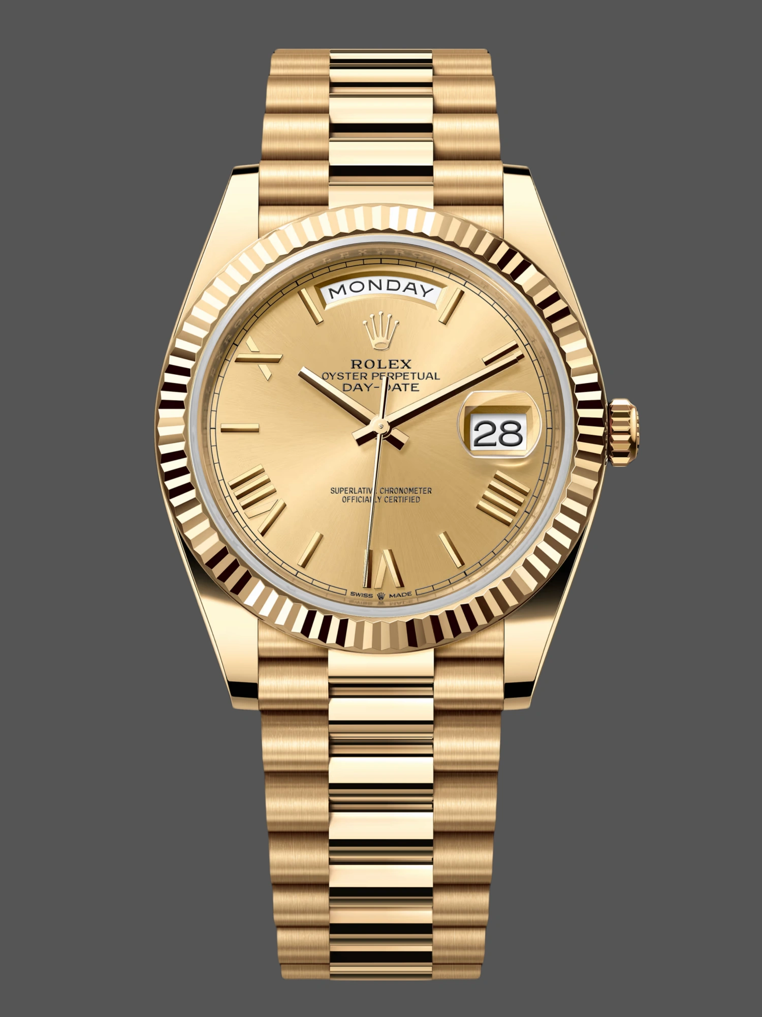 Front view of the Rolex Day-Date 228238 showing the champagne Roman dial and fluted bezel.