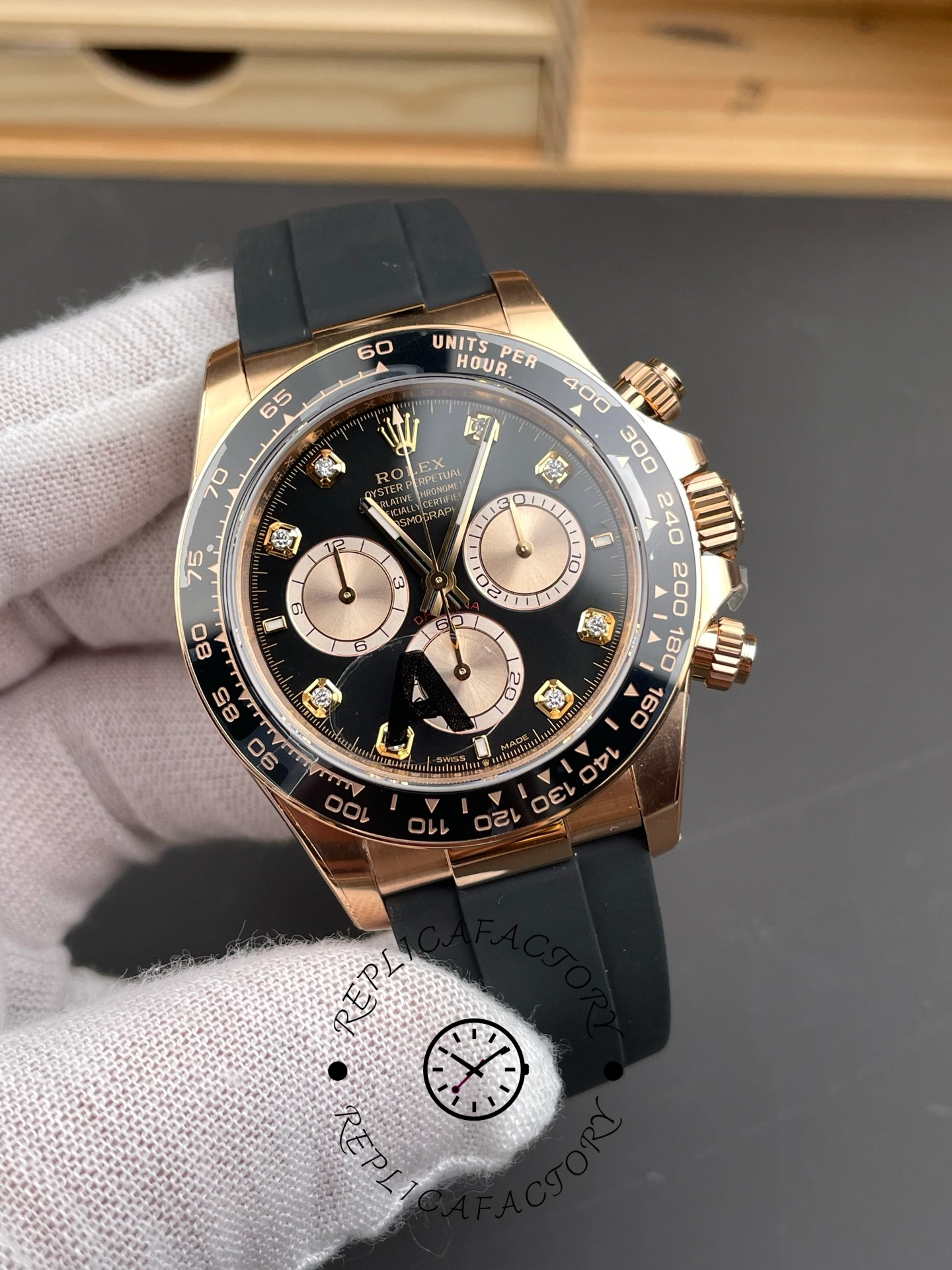 Angled view of ReplicaFactory Rolex Daytona 126515LN-0004 highlighting chronograph sub-dials and diamond hour markers.