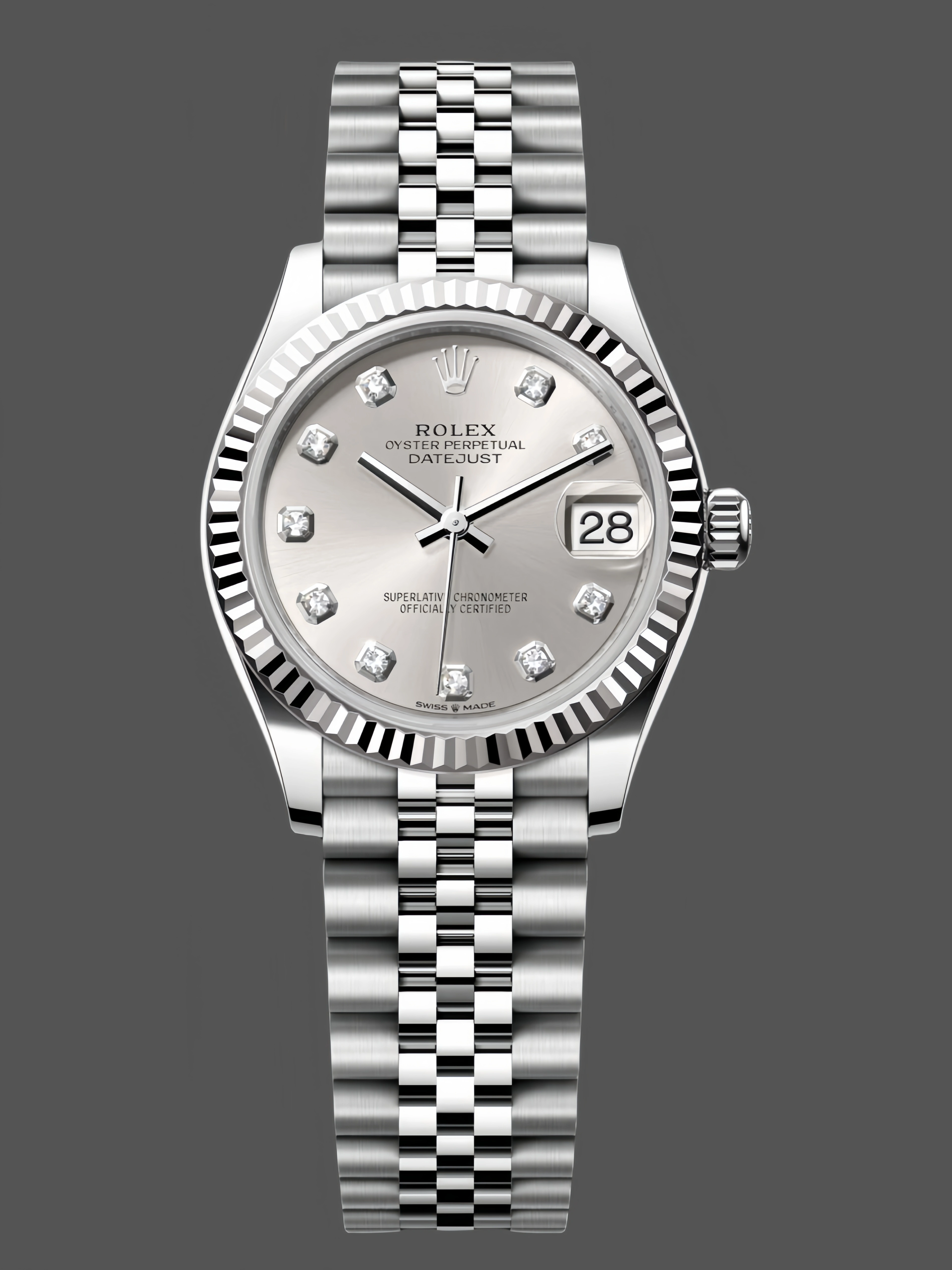 Official image of Rolex Datejust 31 reference m278274-0030 in Oystersteel and white gold with silver sunray dial and diamond hour markers.
