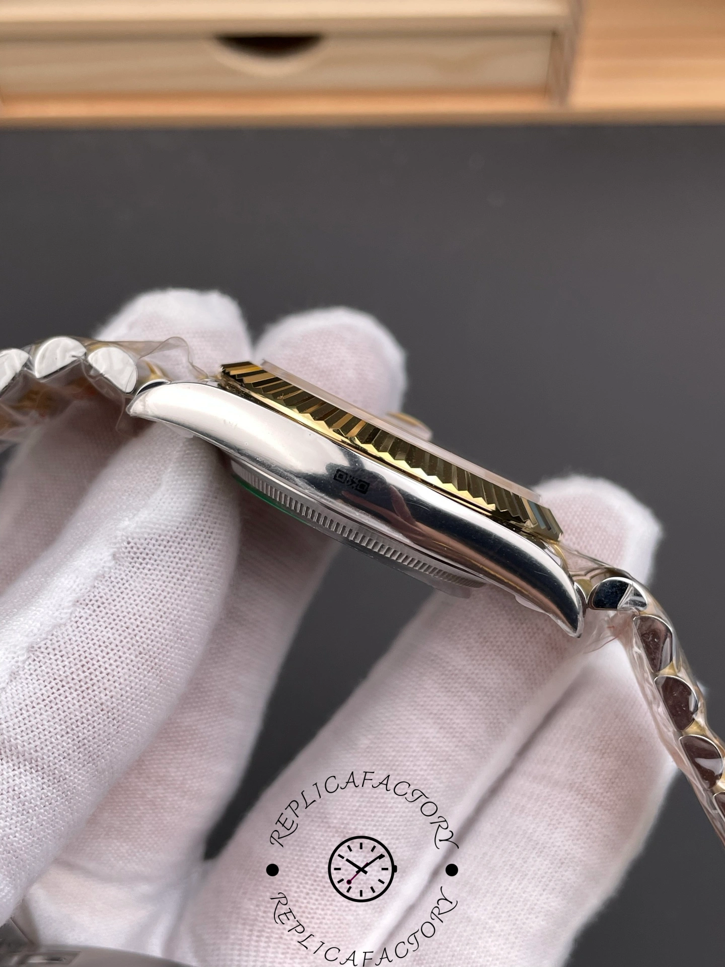 Opposite side profile of ARF Factory Rolex Datejust 41 ref. 126333-0010 showing smooth lug curvature and gold fluted bezel.