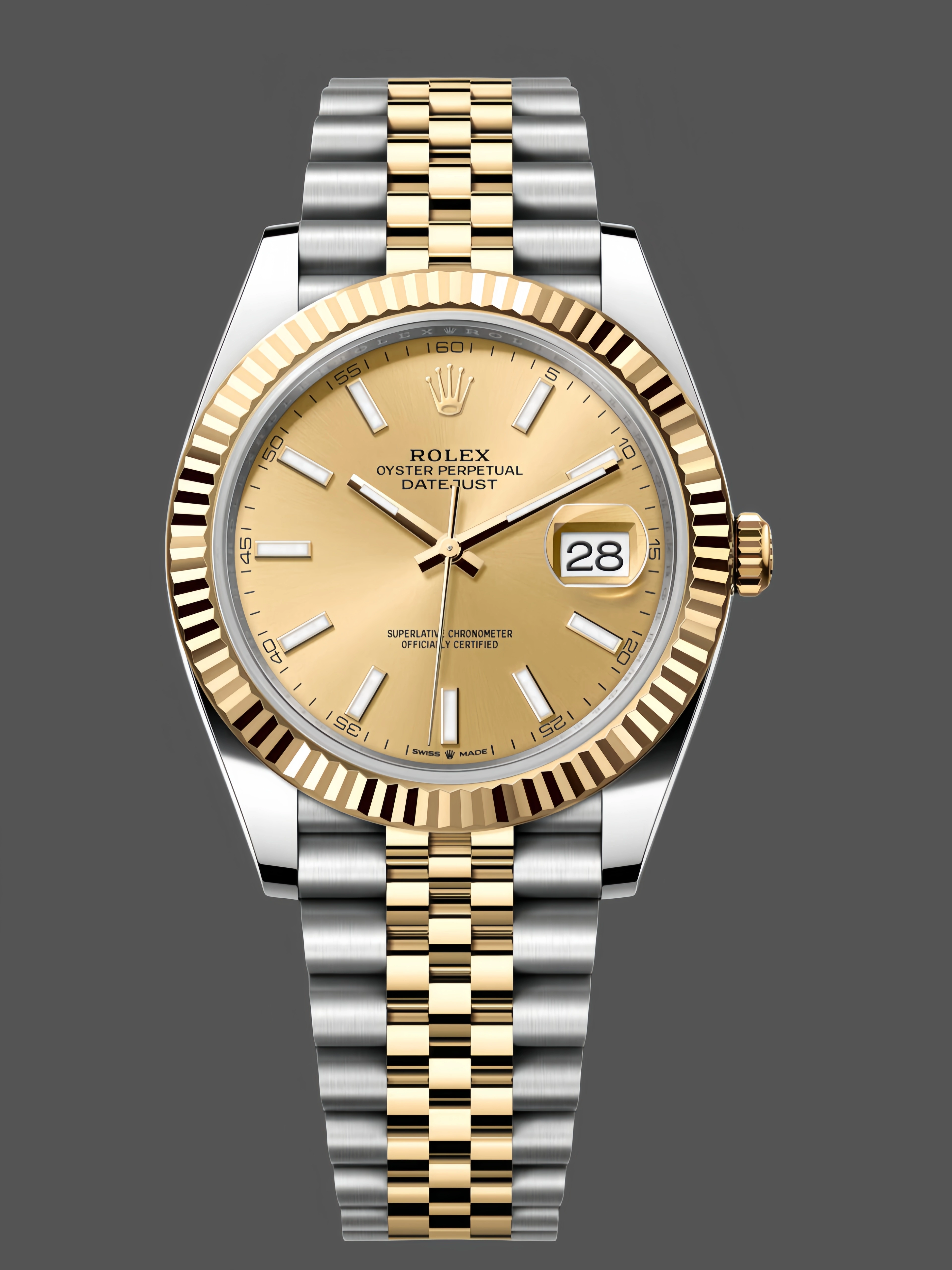 Official image of Rolex Datejust 41 reference 126333-0010 in Oystersteel and yellow gold, featuring champagne sunray dial, stick hour markers, fluted bezel, and Jubilee bracelet.