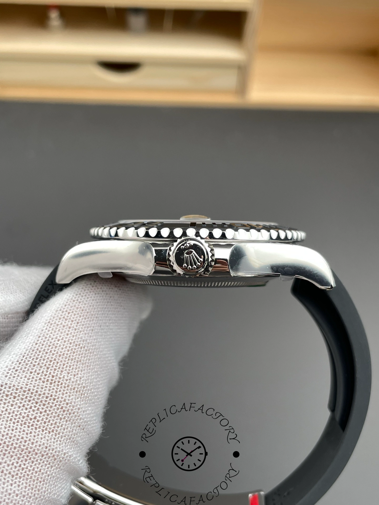 Side view of Clean Factory Rolex Yacht-Master 226659 showing screw-down crown with Rolex logo.