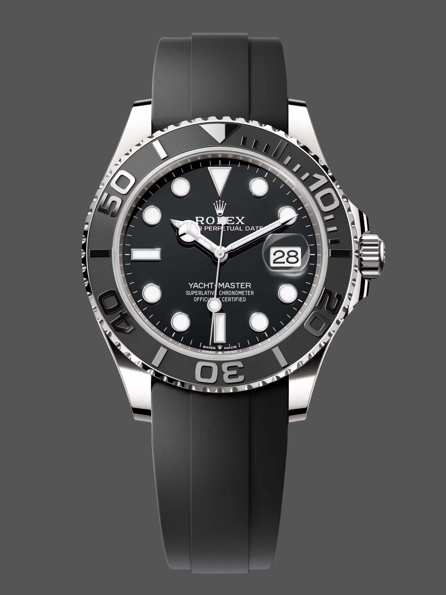 Official image of Rolex Yacht-Master 226659 in 18k white gold with black dial and Oysterflex bracelet.