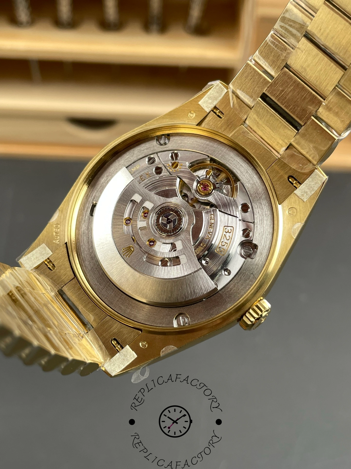 Caseback view of RC Factory Rolex Day-Date 228238 showing visible automatic movement.