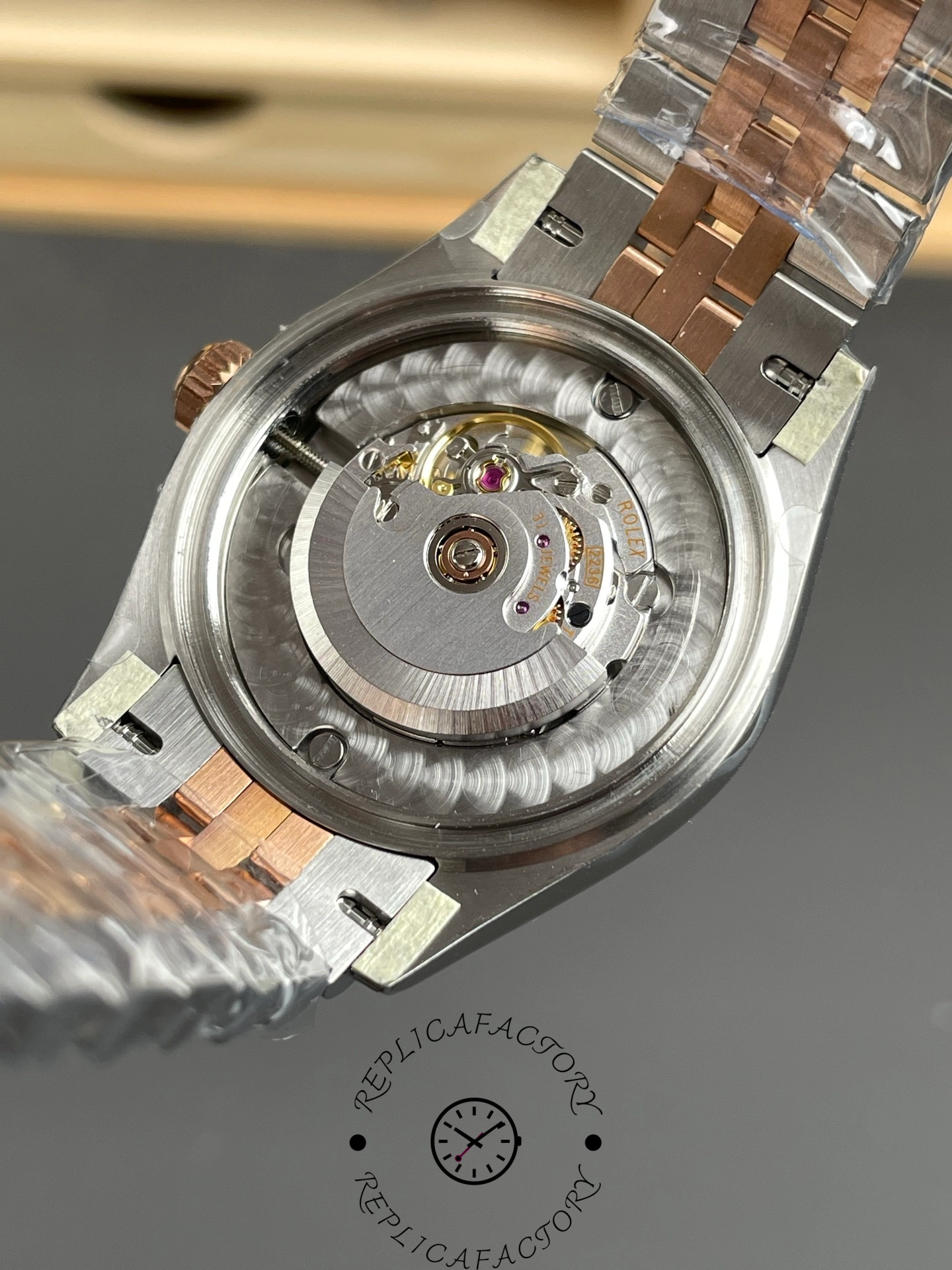 Caseback of THB Factory Rolex Datejust 31 ref. 278271-0028 revealing automatic movement with Geneva finish.