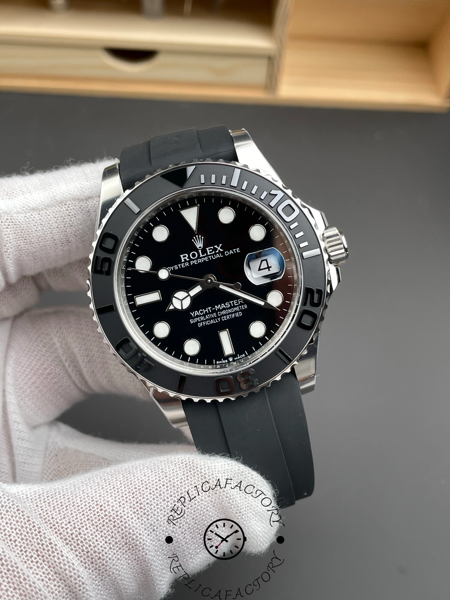 Angled front view of Clean Factory Rolex Yacht-Master 226659 highlighting luminescent hour markers.