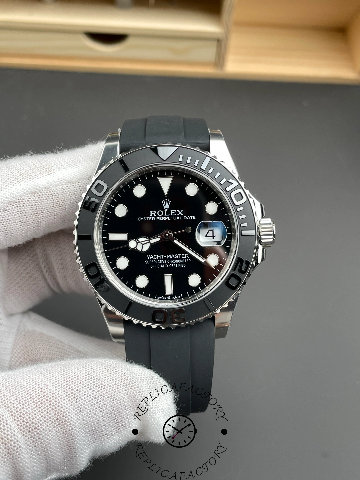 Front view of Clean Factory Rolex Yacht-Master 226659 showing black dial and matte black Cerachrom bezel.