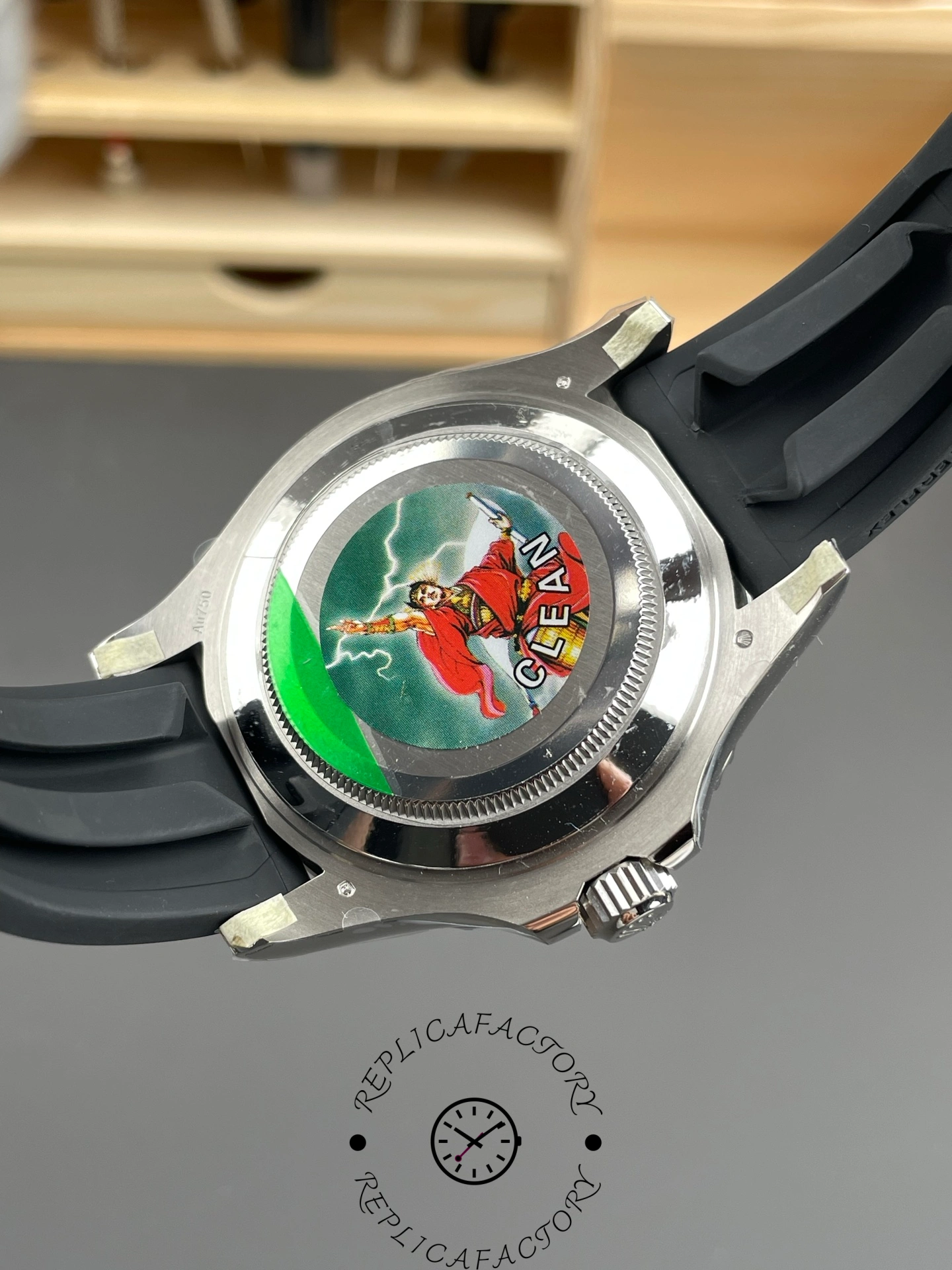 Caseback view of Clean Factory Rolex Yacht-Master 226659 showing Clean Factory holographic seal.