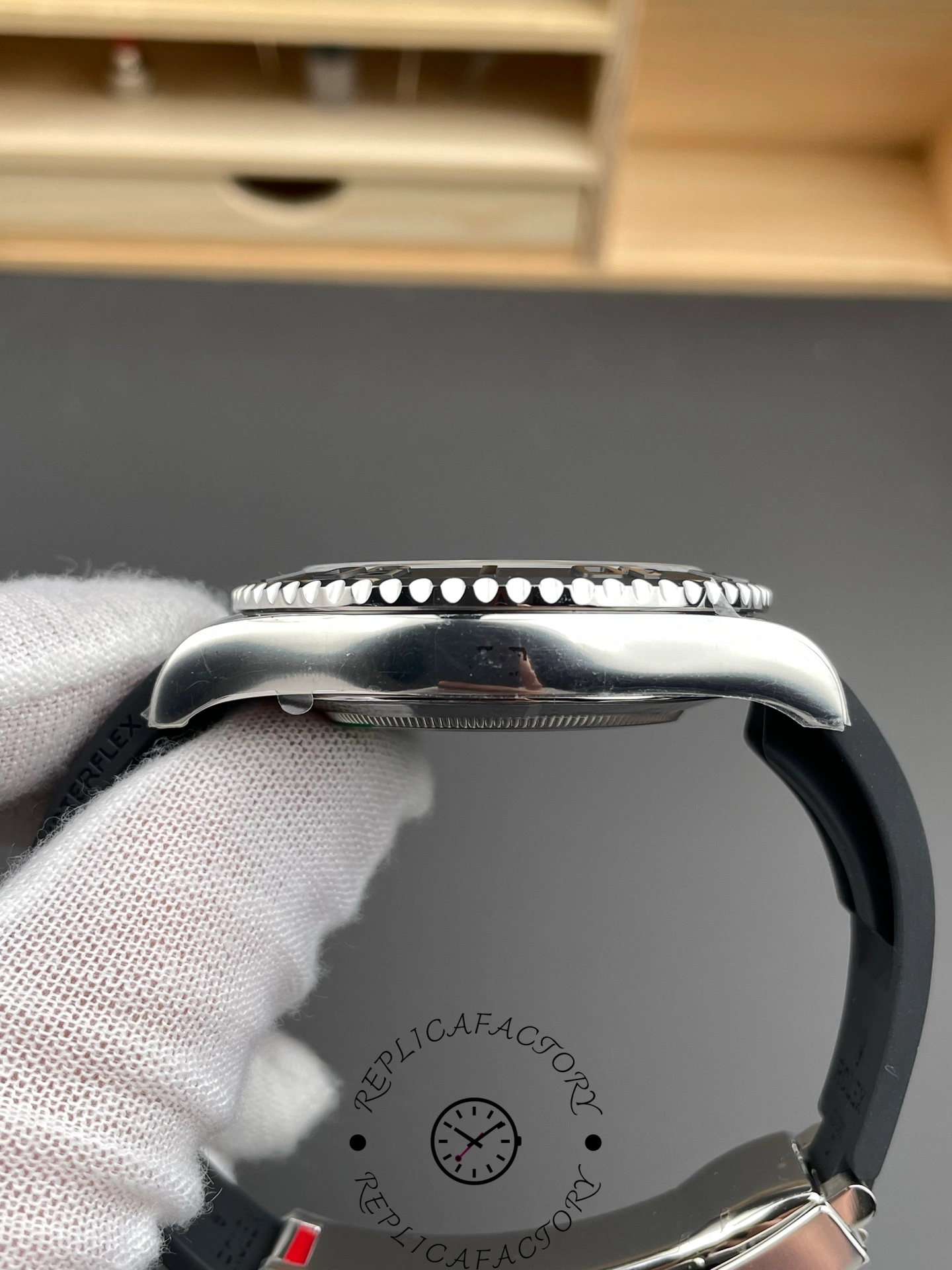 Opposite side profile of Clean Factory Rolex Yacht-Master 226659 showing polished white gold case.