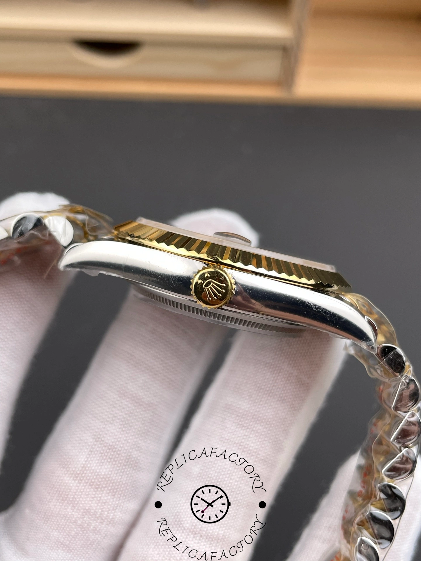 Side view of ARF Factory Rolex Datejust 41 ref. 126333-0010 showing screw-down crown with Rolex logo.