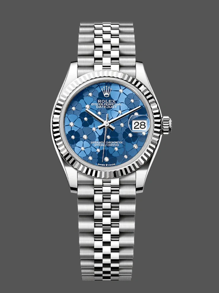 Official catalogue render of Rolex Datejust 31 ref. 278274-0036 featuring blue floral dial with diamond hour markers.