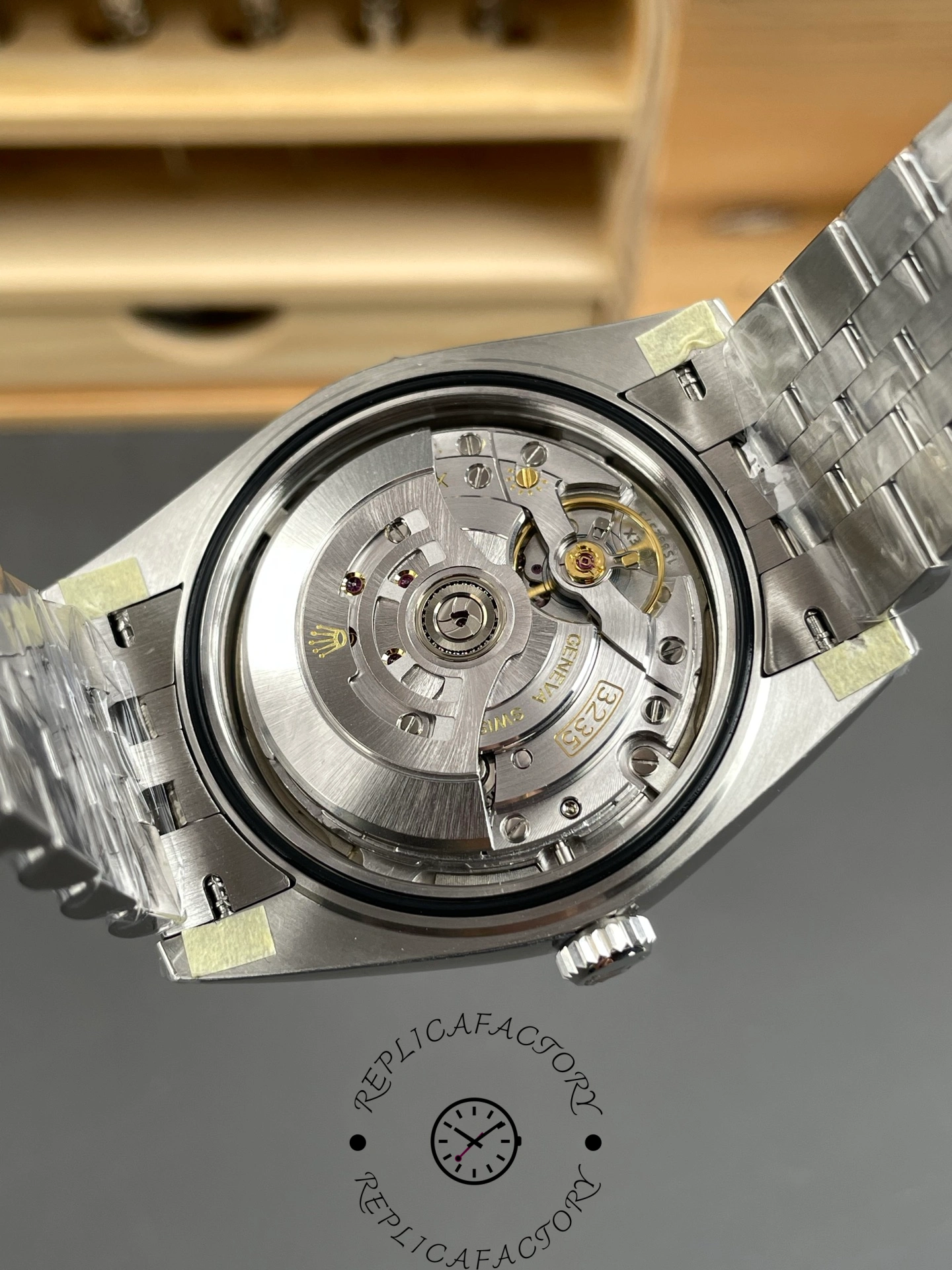 Caseback of THB Factory Rolex Datejust 41 ref. 126334-0026 revealing automatic movement and Geneva stripes finishing.