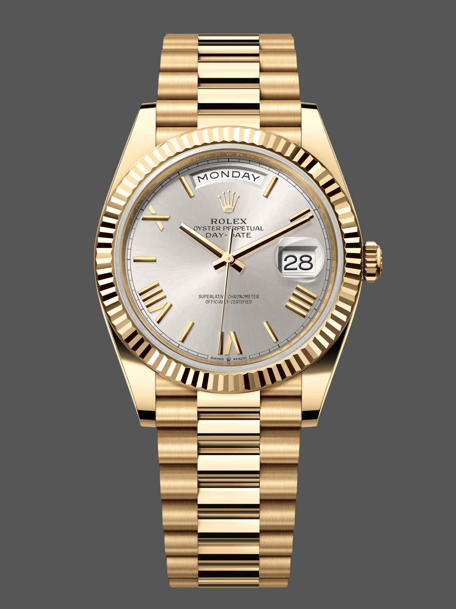 Rolex Day-Date 228238 Silver Roman Dial Fluted Bezel 40mm Mens Replica Watch