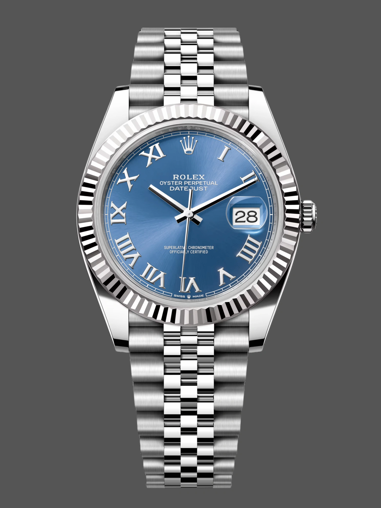 Official render of Rolex Datejust 41 ref. 126334-0026 in Oystersteel and white gold, blue sunray dial with Roman numerals, fluted bezel, and Jubilee bracelet.