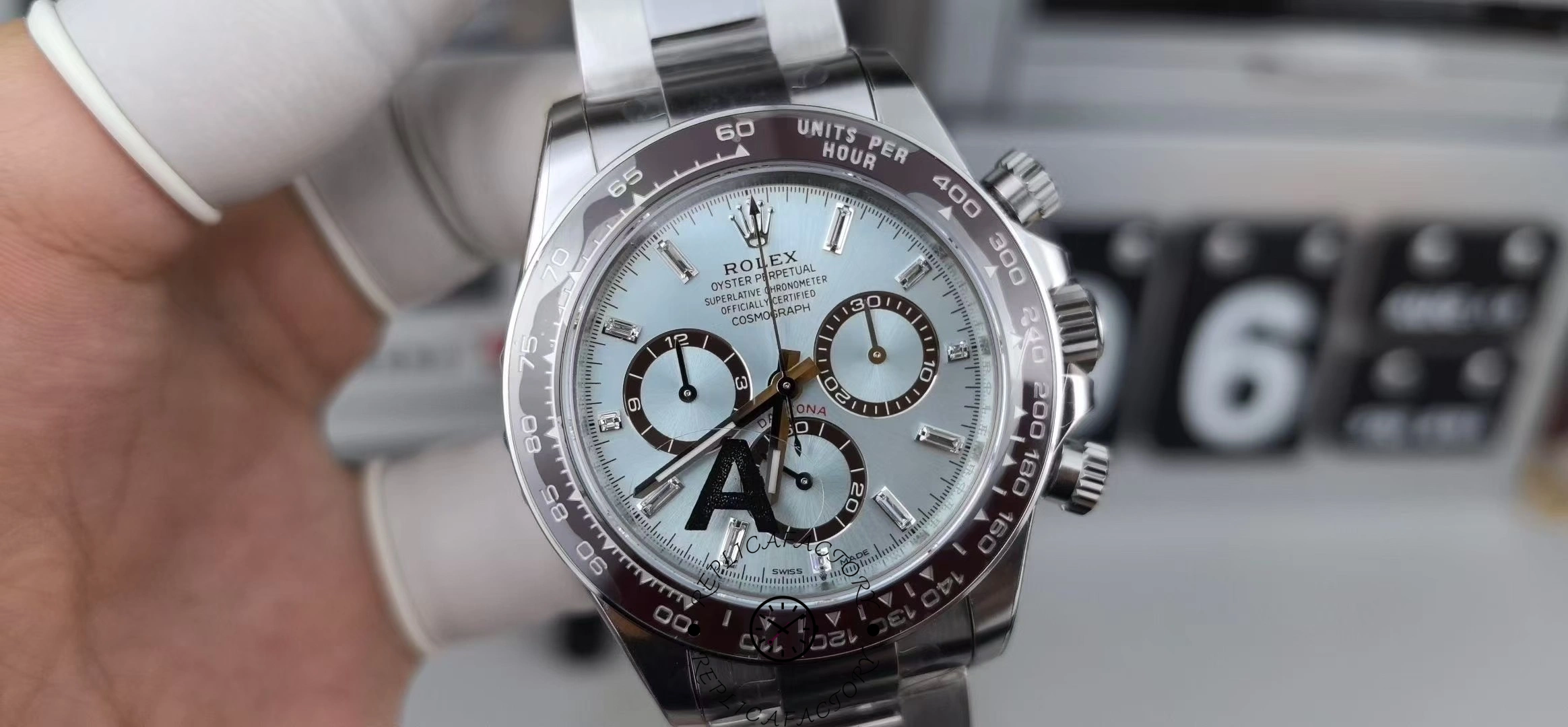 Front view of VS Factory Rolex Daytona 126506 showing ice blue dial and brown subdials.