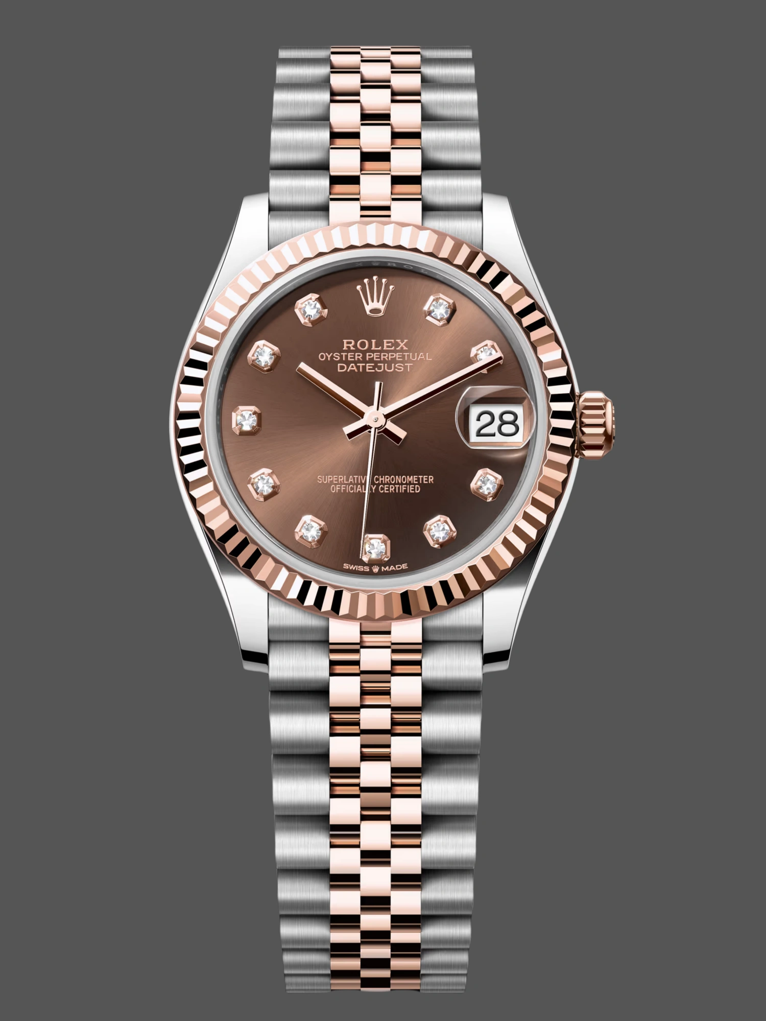 Official image of Rolex Datejust 31 reference 278271-0028 in Everose Rolesor (Oystersteel and Everose gold) with chocolate sunray dial, diamond hour markers, fluted bezel and Jubilee bracelet.