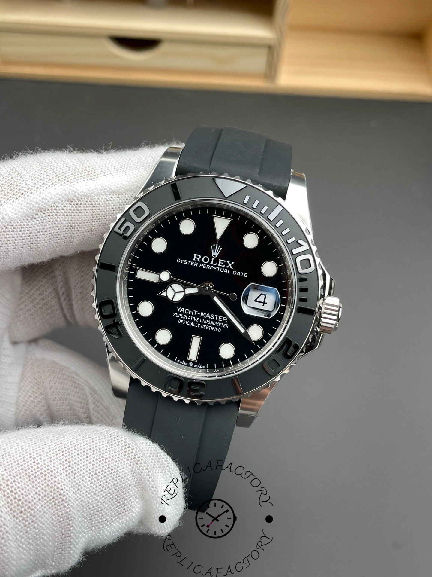 Close-up of Clean Factory Rolex Yacht-Master 226659 dial with date window and Mercedes hands.