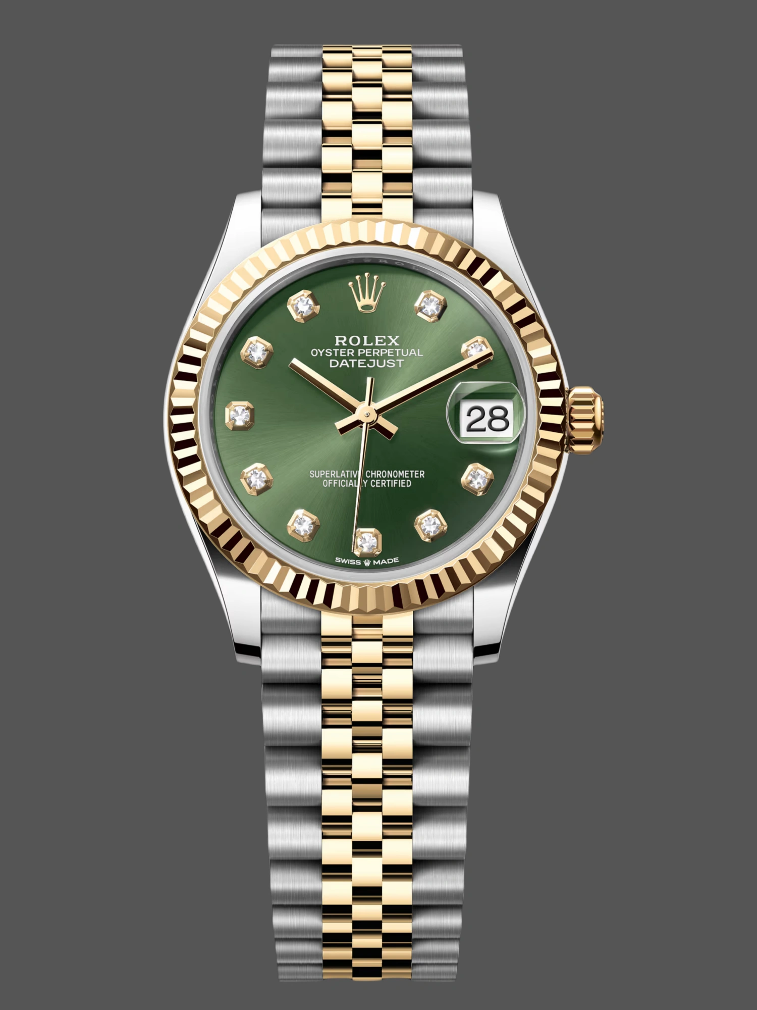 Official image of Rolex Datejust 31 reference 278273-0030 in yellow Rolesor with green sunray dial and diamond hour markers on Jubilee bracelet.