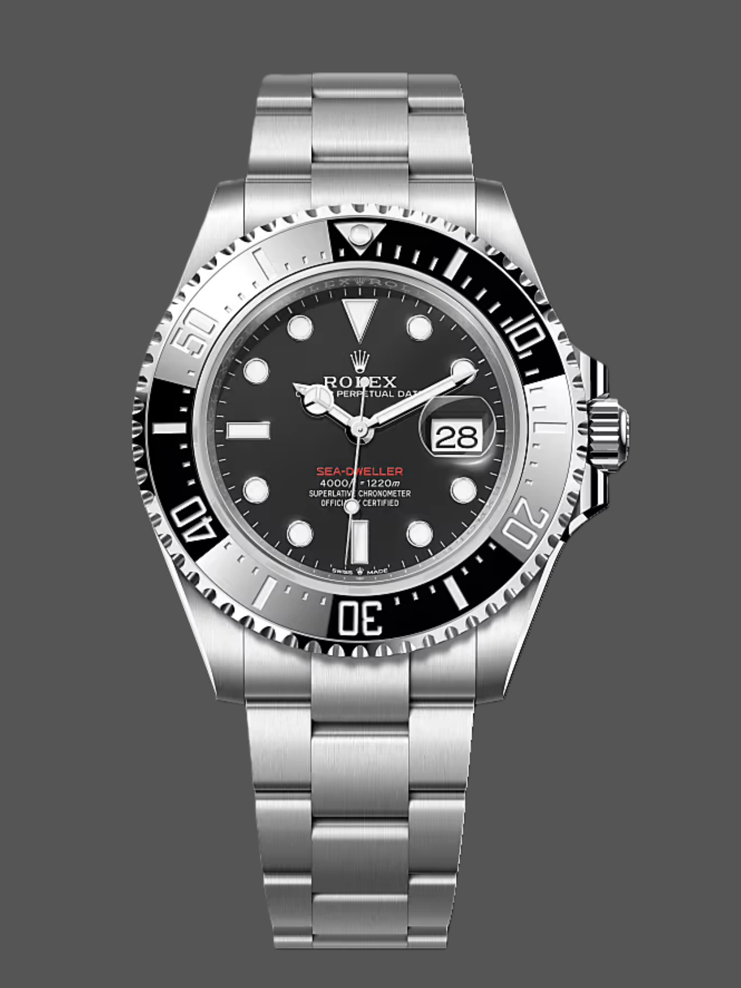 Front view of Rolex Sea-Dweller 126600-0002 with black dial, ceramic bezel, and stainless steel bracelet.