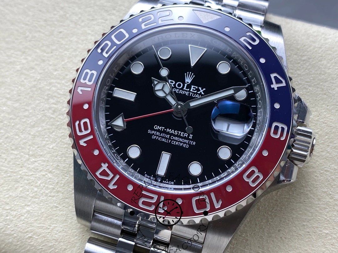 Detailed side angle of Rolex GMT-Master II 126710BLRO showing the Pepsi bezel and polished case.
