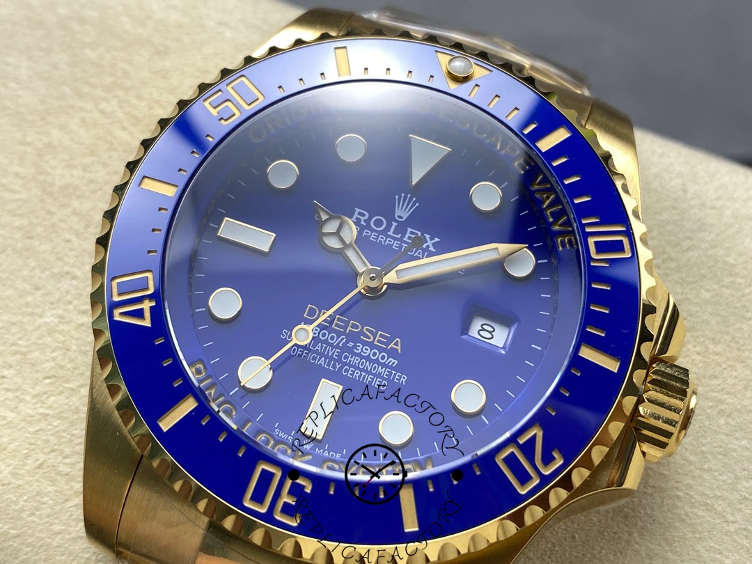 Detailed side angle of Rolex Deepsea 136668LB focusing on dial clarity and bezel reflection.