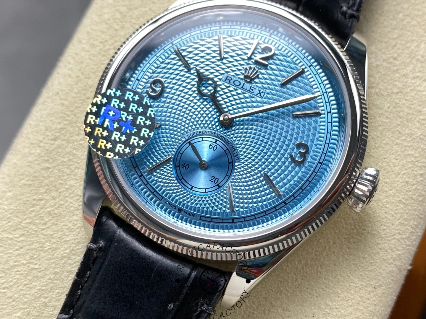 Macro shot of Rolex Perpetual 1908 Ref. 52506-0003 with small seconds subdial.