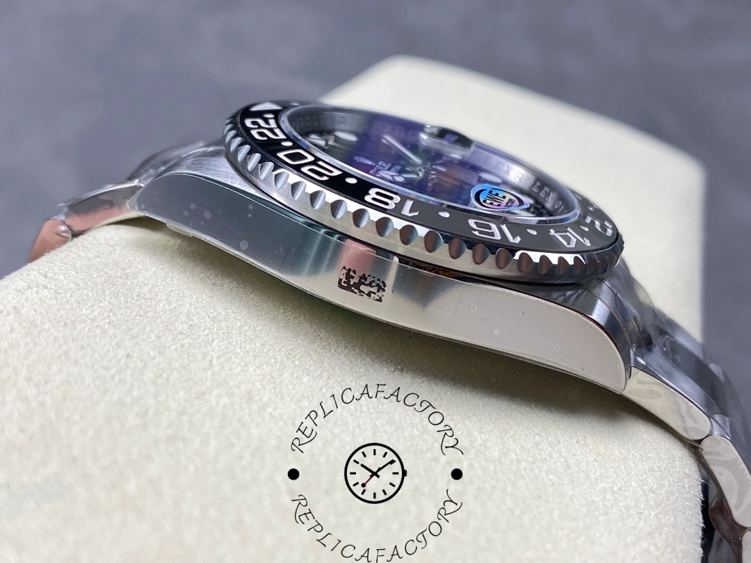 Side view of Rolex GMT-Master II M126710GRNR-0004 showing polished case profile.